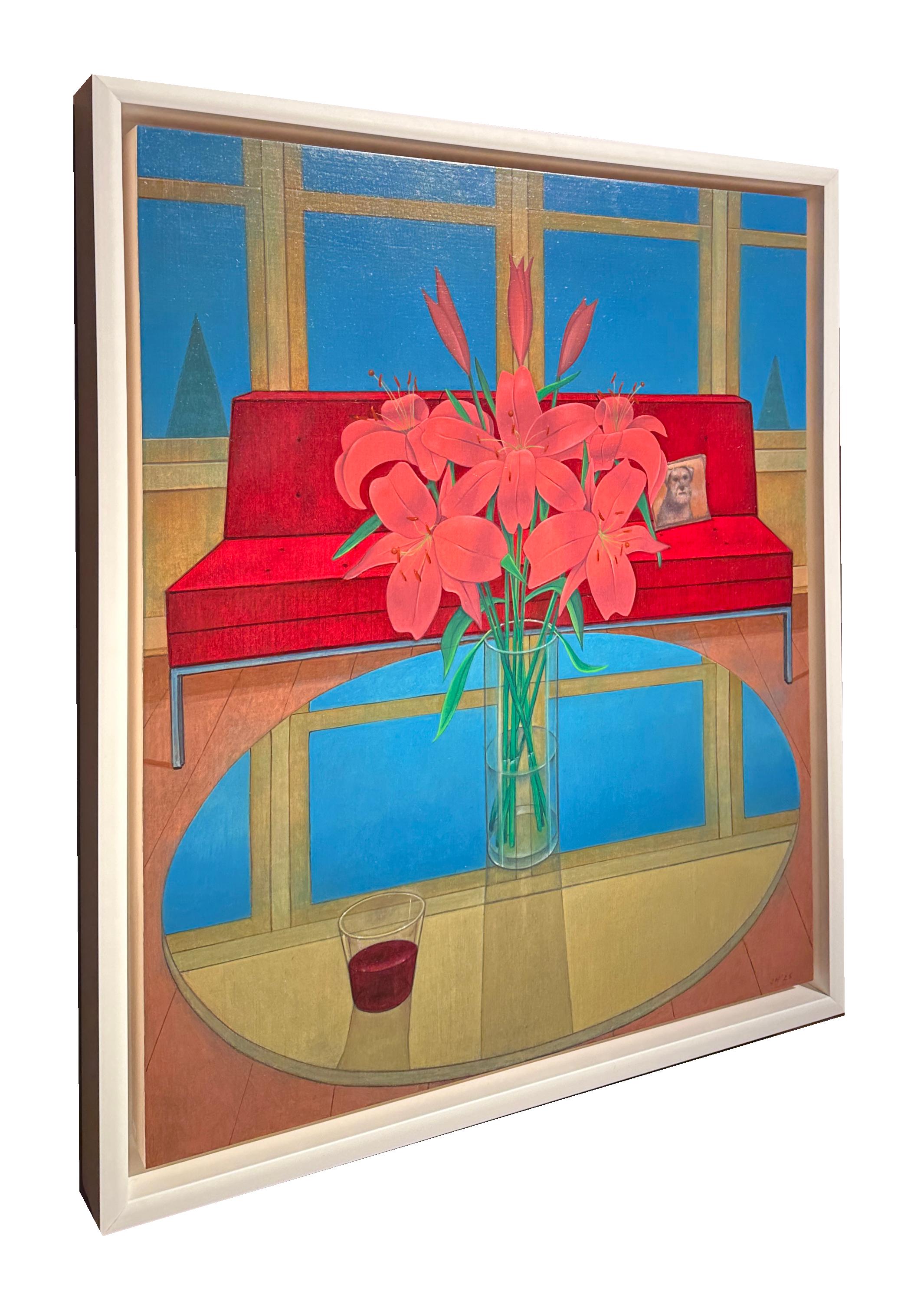 Tangent - Surreal Still Life - Coffee Table Setting, Oil on Panel - Surrealist Painting by John Hrehov