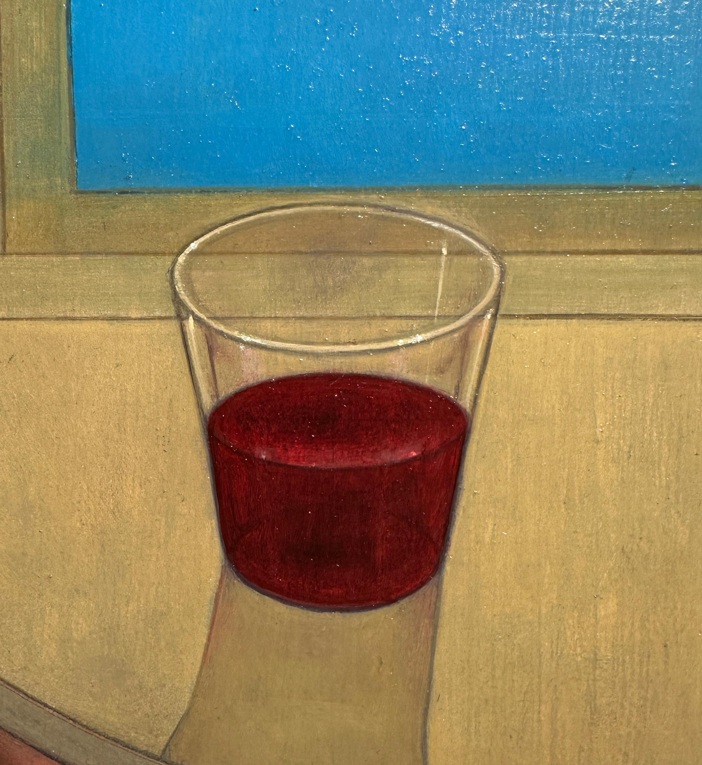 This painting is John Hrehov’s Tangent, an oil on panel from 2025. In it, a modern red sofa runs straight across the back of the room, set against a grid of tall windows that open onto a deep blue evening sky with dark, triangular trees on either