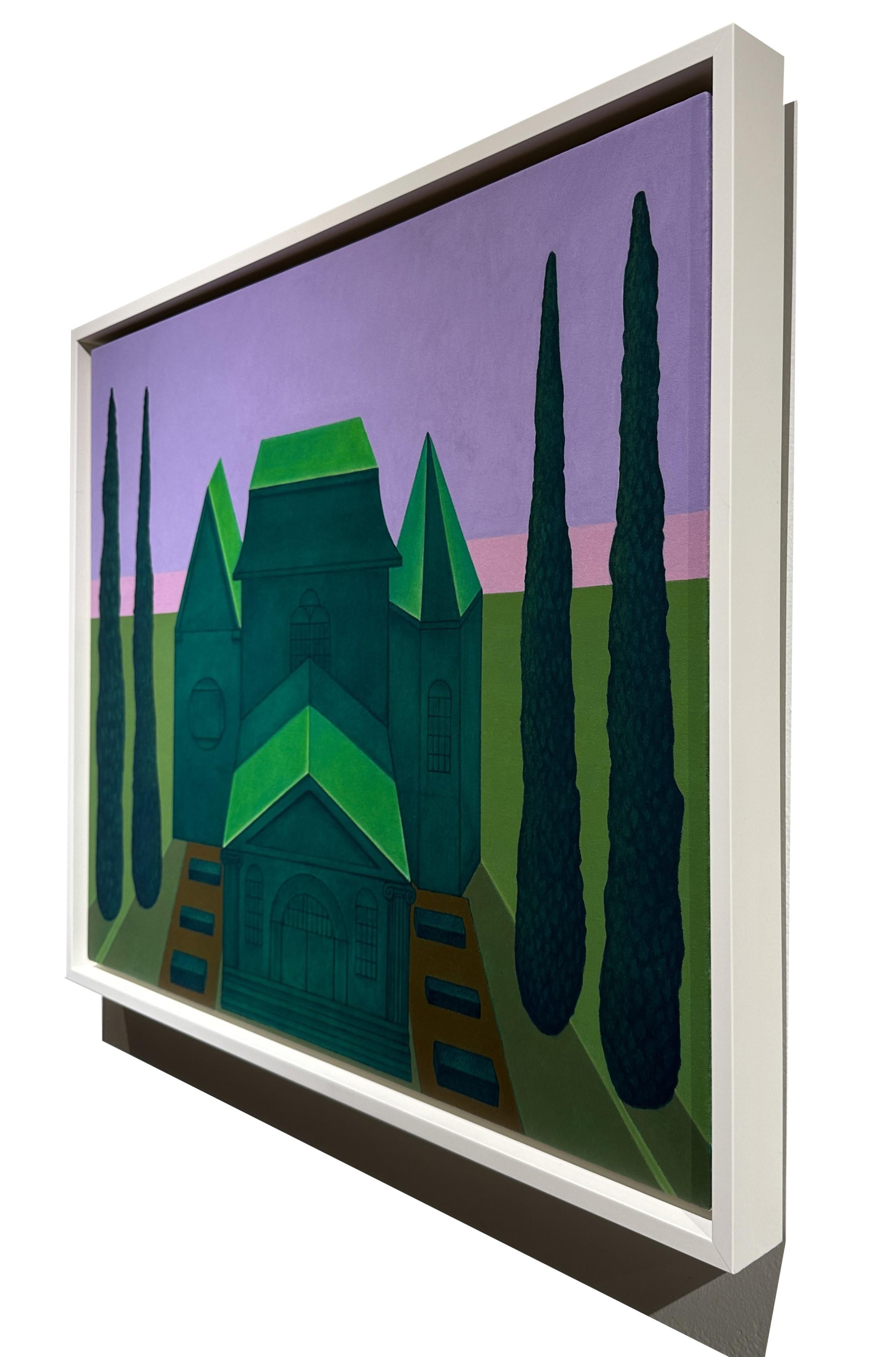 A classical structure is cast in a green hue as the sun sets on this surreal scene by John Hrehov. The perfectly balance scene, with its formal gardens and Italian cypress trees add to the overall aesthetic.  This piece is floated in a white wooden