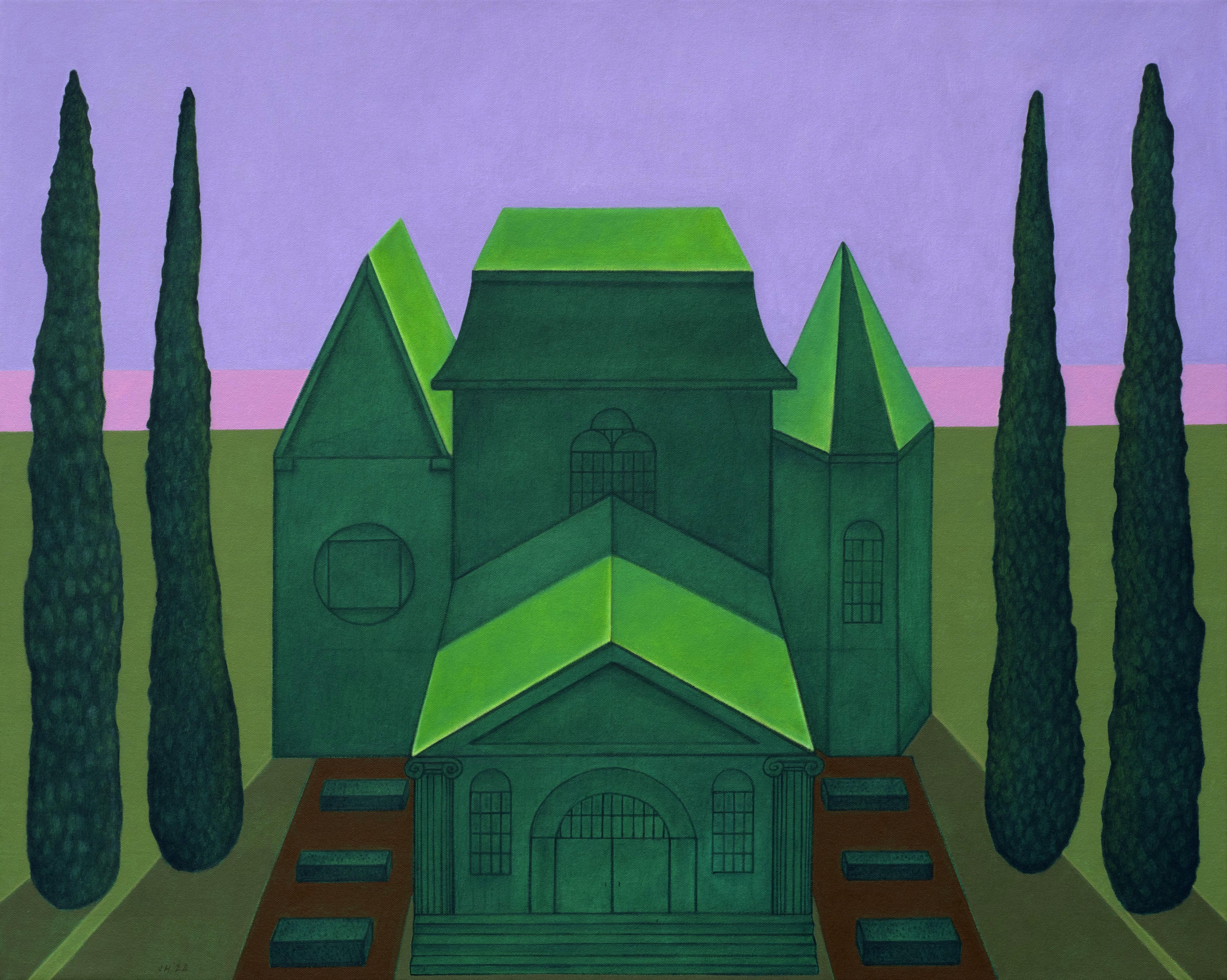 John Hrehov Landscape Painting - The Green House, Surreal Classic Architecture with Italian Cypress Trees
