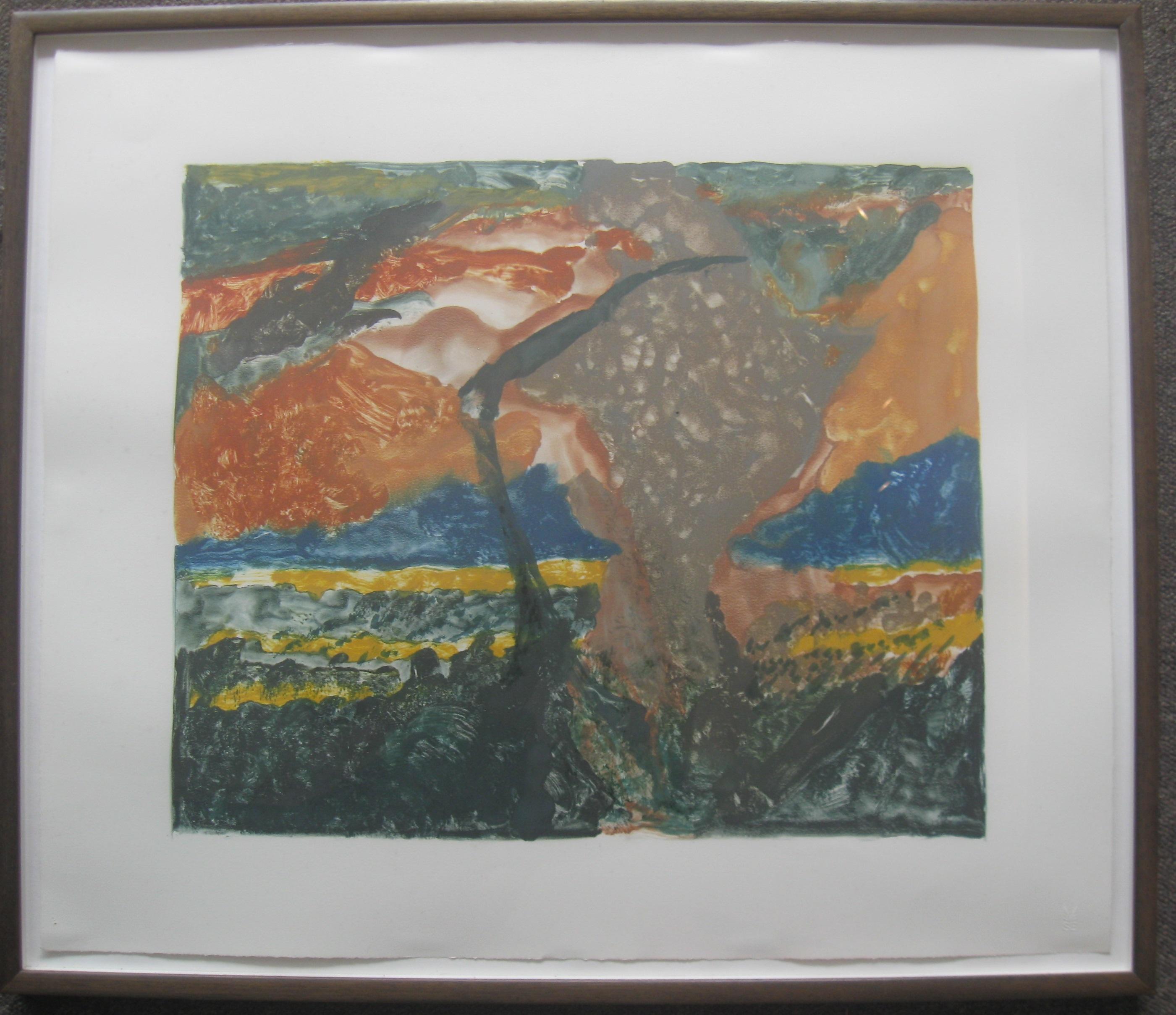 John Hubbard (1931-2017), americano.  'Nuvola del tramonto numero 3'. circa 1995. Un paesaggio serale nel Dorsetshire, dove Hubbard visse per molti anni.
Un monotipo unico (una sola immagine mai realizzata). Dipinto con inchiostri a pigmento e