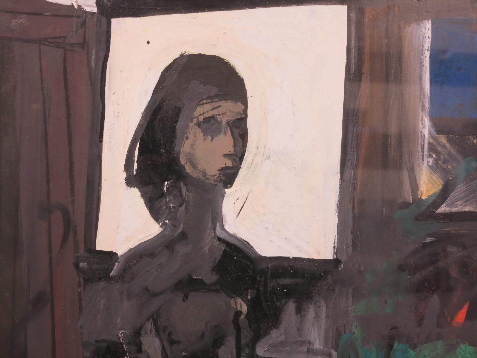 John Hultberg (1922-2005). Girl in Window, 1960. Gouache on illustration board measures 22 x 30 inches;  29.25 x 37.5 inches framed. Chestnut wood frame with beloved edge. Excellent condition with no damage or conservation. Signed and daed lower