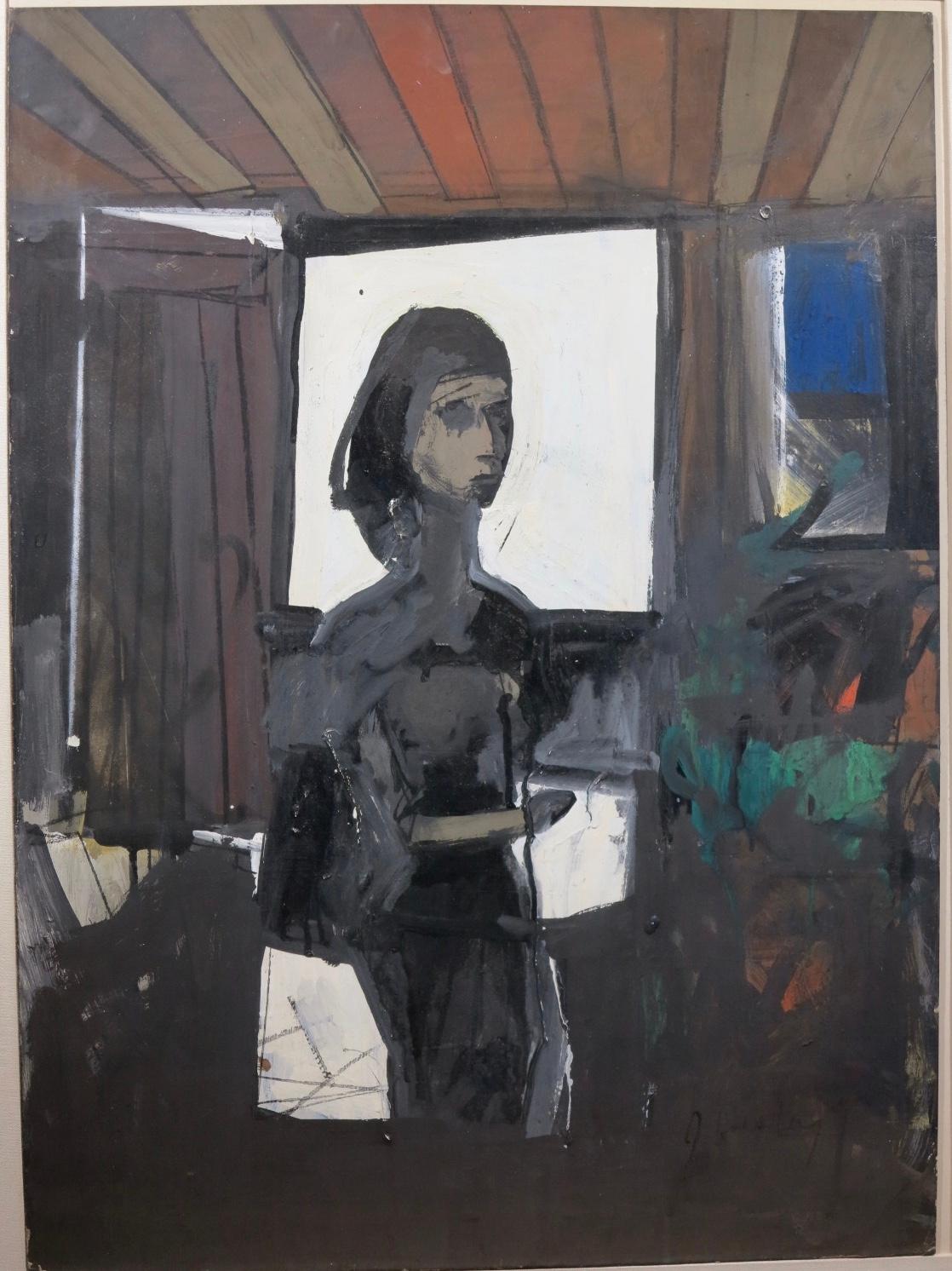 John Hultberg Abstract Painting - Girl in Window (Abstract Expressionist painting)