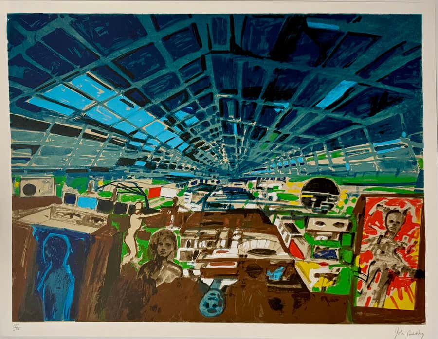 1970s Bay Area Figurative Abstract Lithograph Serigraph Greenhouse John Hultberg