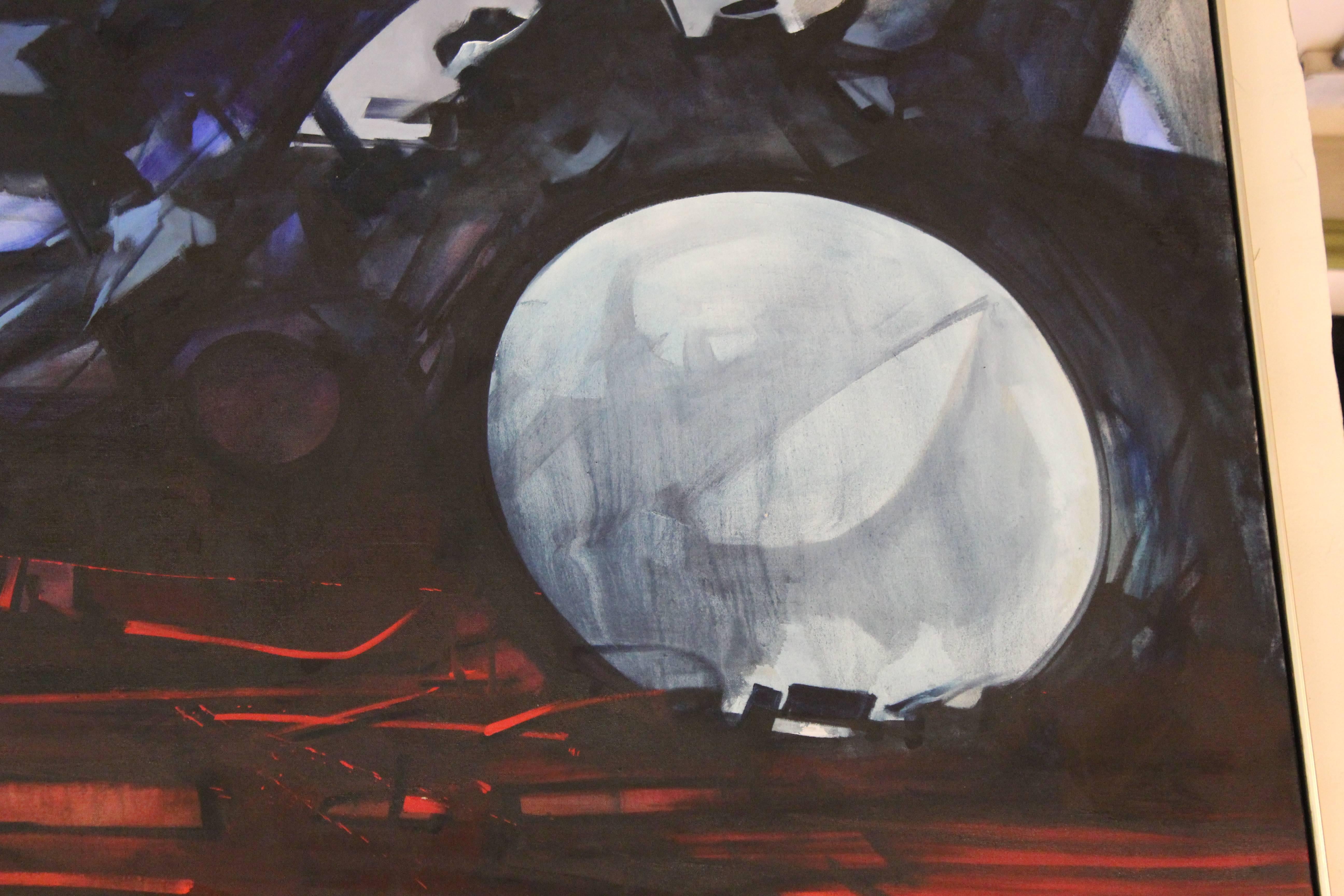 An abstract oil on canvas landscape with moon by John Hultberg (American, 1922-2005), signed, titled, and dated on the reverse 