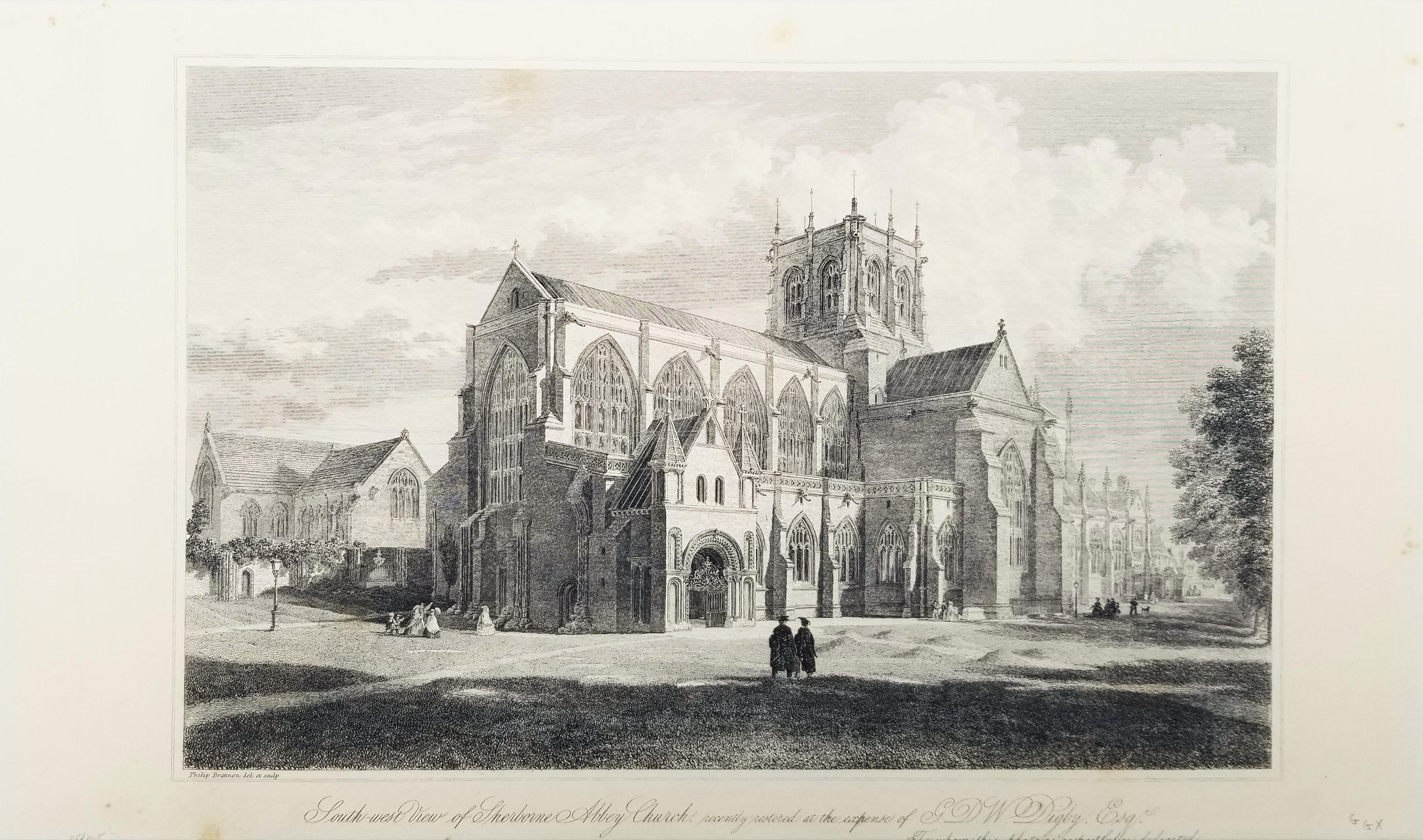 Vista suroeste de la iglesia de la abadía de Sherborne /// Historia del grabado inglés de Dorset - Print de John Hutchins