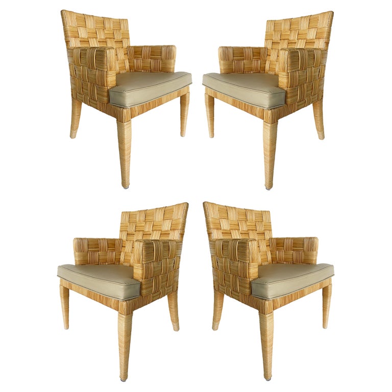 John Hutton Donghia Block Island Armchairs, Leather Seats, Set of 4 For Sale