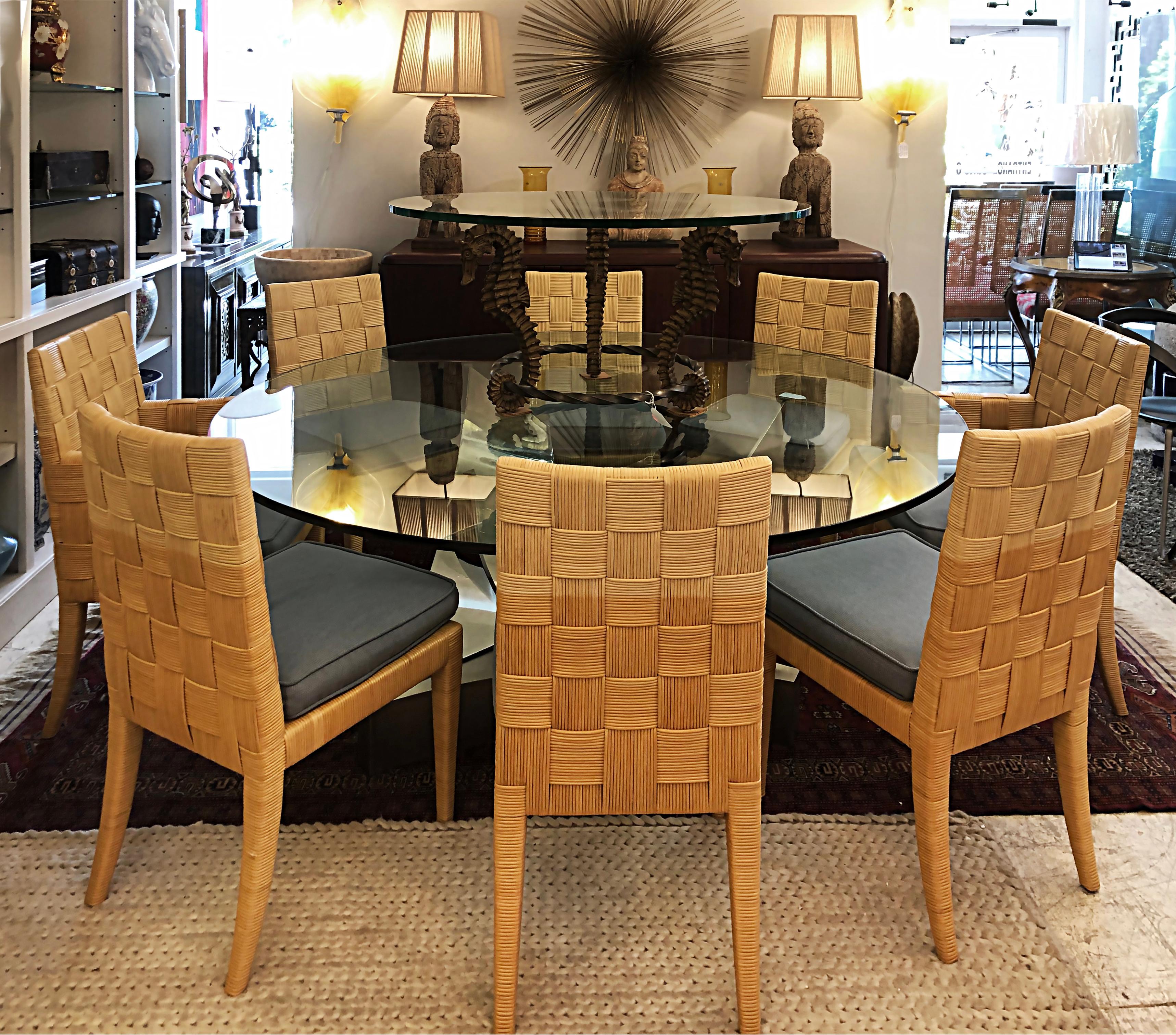 John Hutton Donghia Block Island Rattan dining chairs set, 2 arms, 6 sides
Offered for sale is a wonderful set of eight John Hutton-designed Block Island dining chairs for Donghia. This set of dining chairs is comprised of two armchairs and six