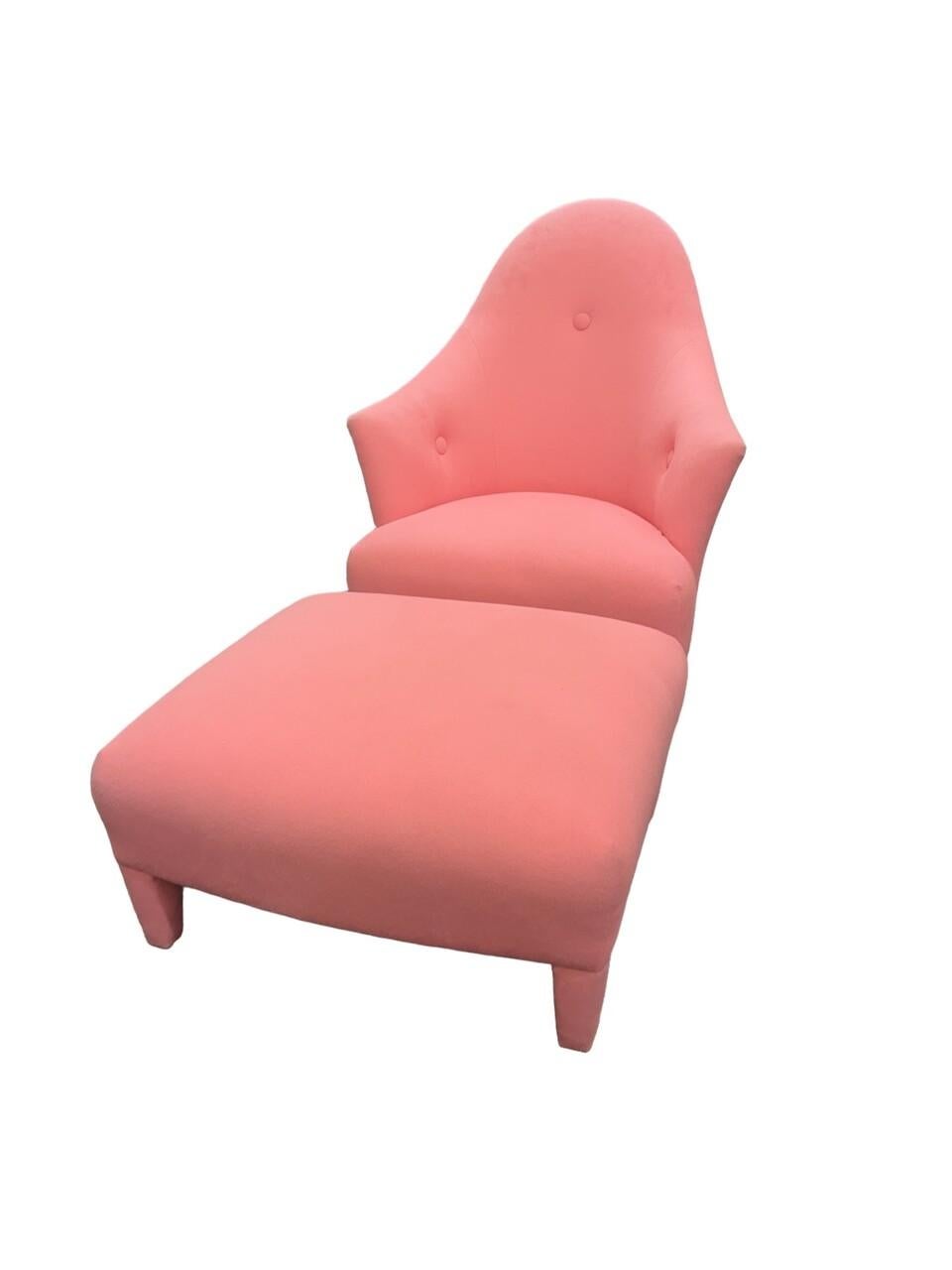 The John Hutton for Donghia Ghost Chair and Ottoman in pink exude timeless elegance and modern sophistication. Crafted with meticulous attention to detail, the transparent acrylic material creates a striking visual effect, while the plush pink
