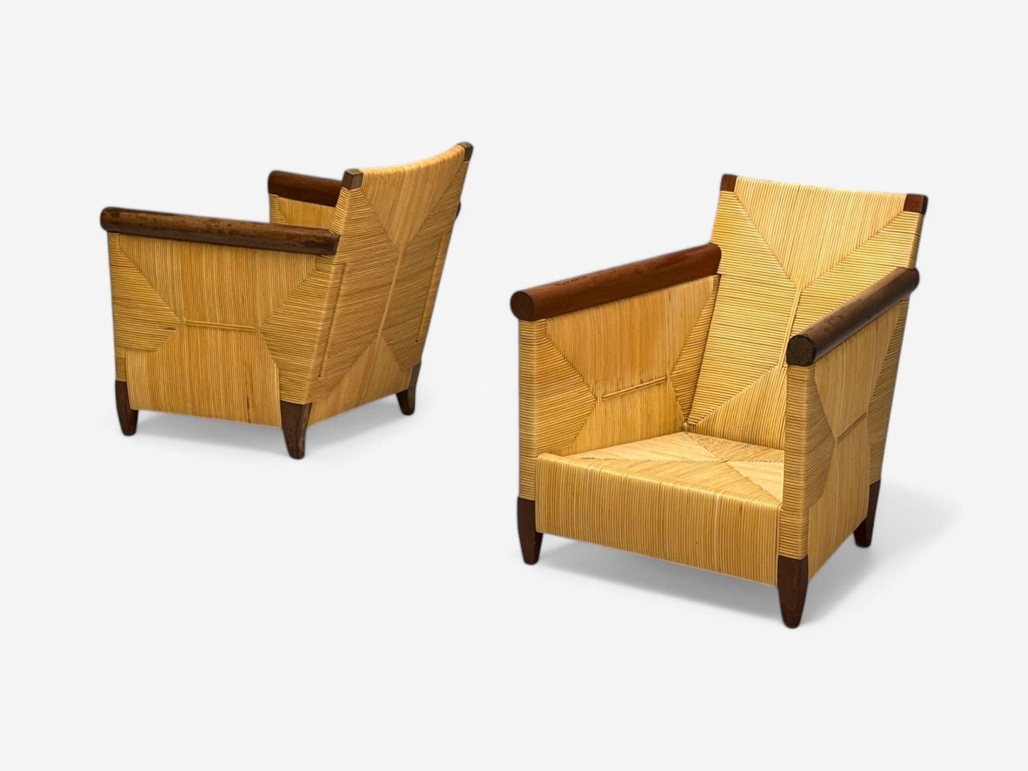 Moderne John Hutton, Donghia, Mahogany, Wicker Cane, Merbau Lounge Chairs, USA, 1995 en vente