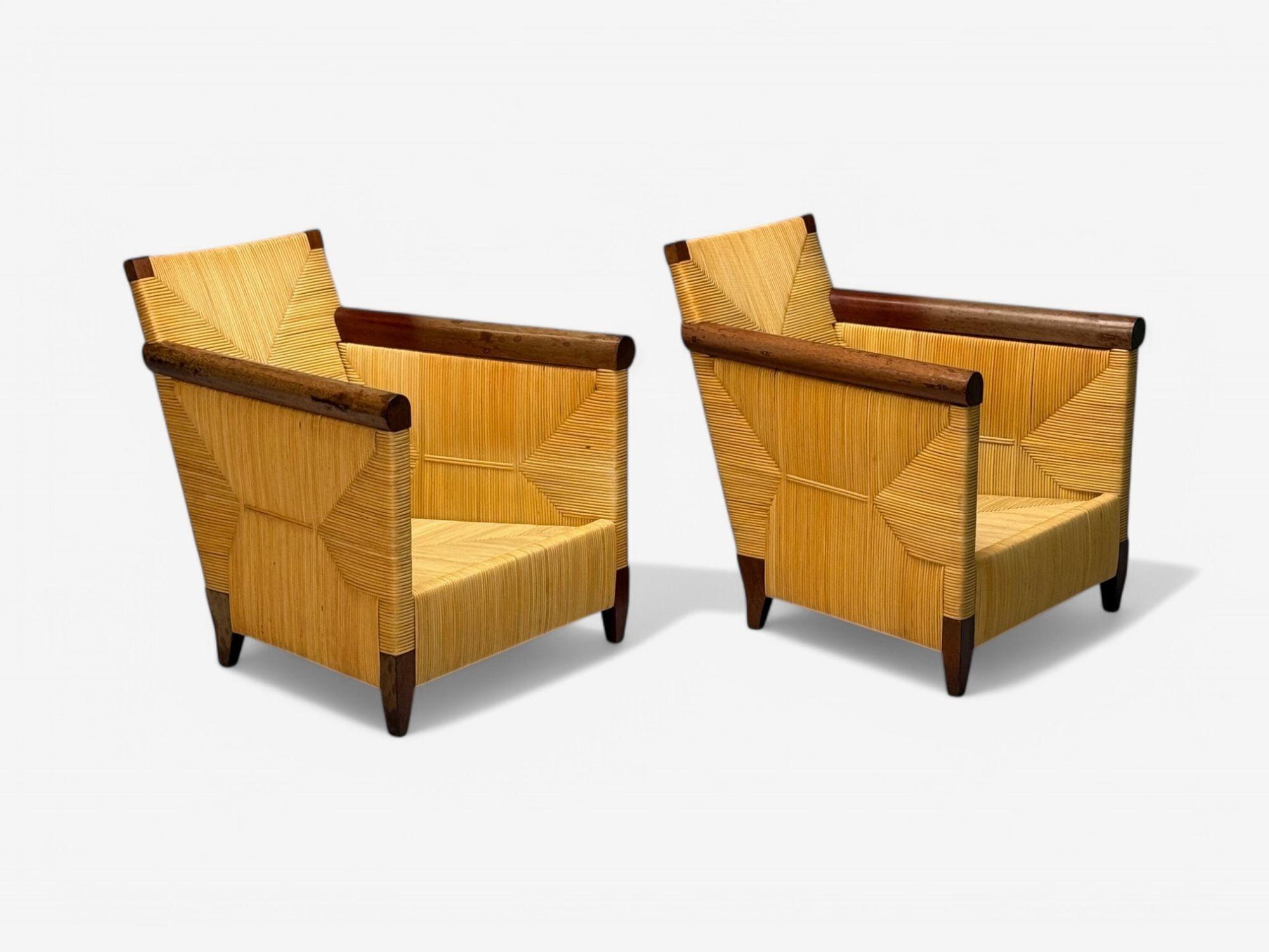 Américain John Hutton, Donghia, Mahogany, Wicker Cane, Merbau Lounge Chairs, USA, 1995 en vente