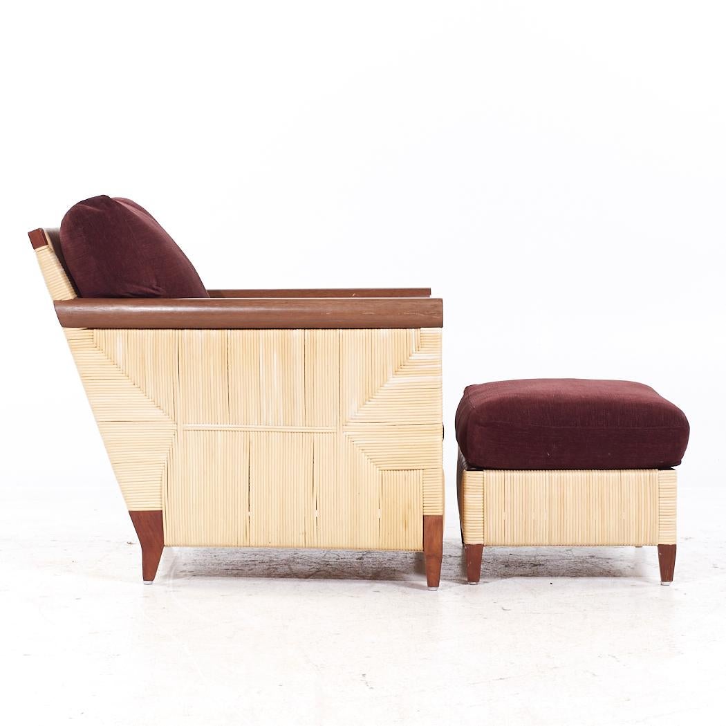 John Hutton Donghia Merbau Collection Mahogany Rattan Club Chairs Ottoman - Pair For Sale 3