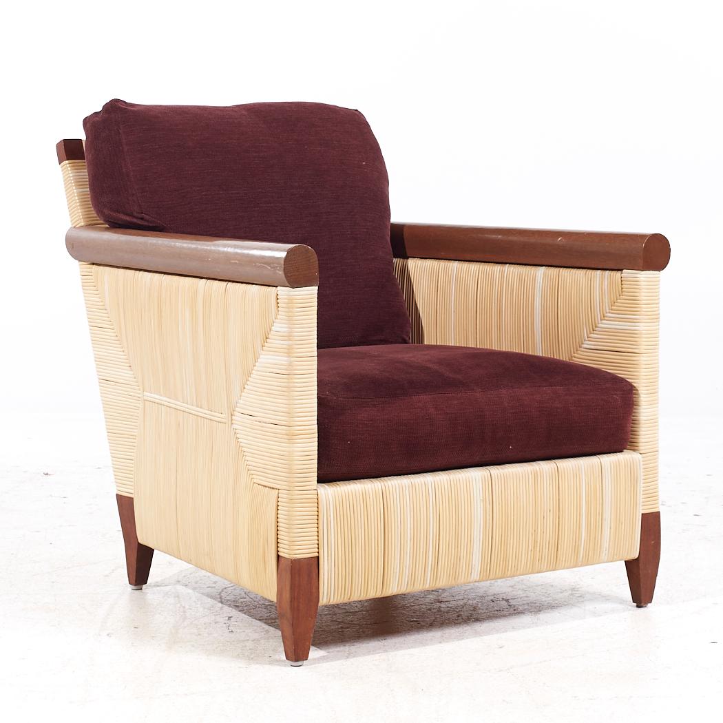 John Hutton Donghia Merbau Collection Mahogany Rattan Club Chairs Ottoman - Pair For Sale 5