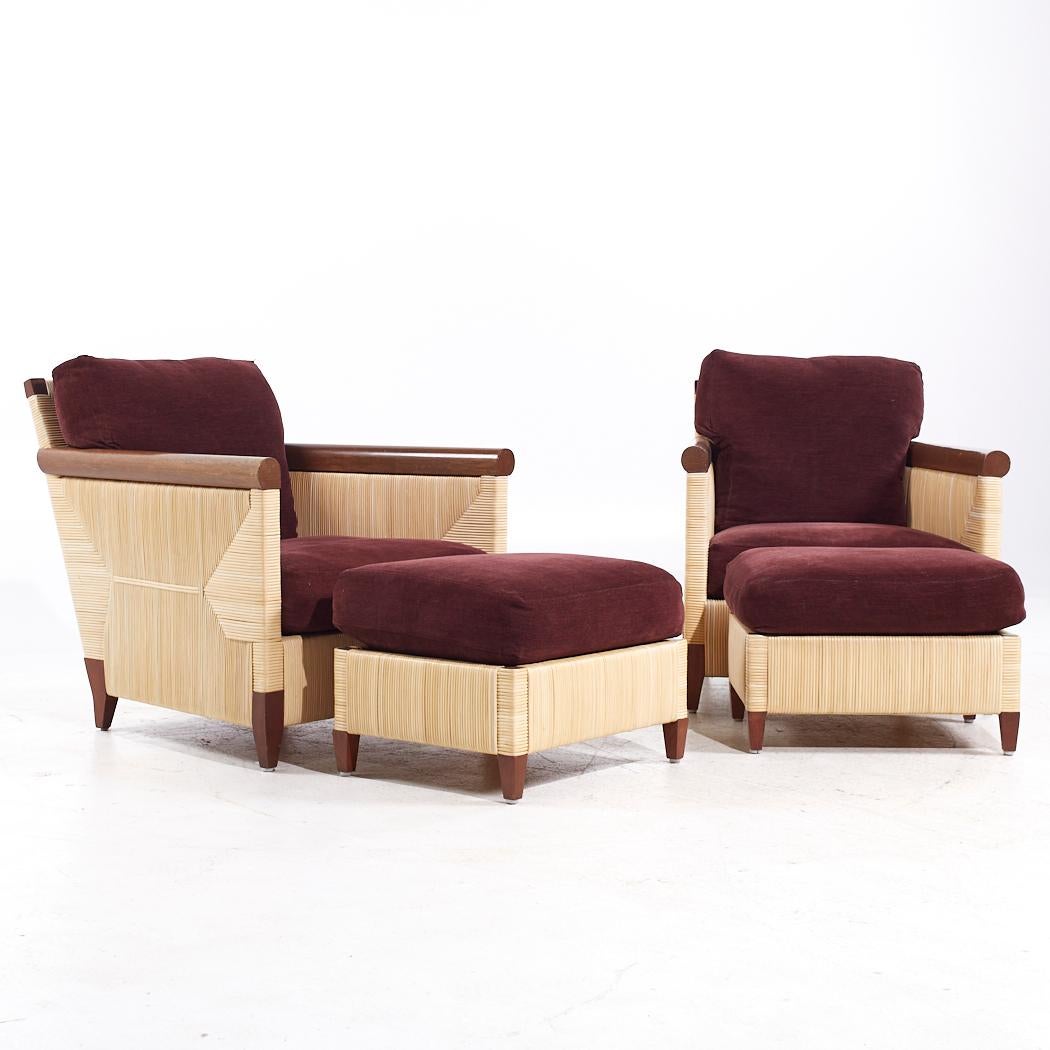 John Hutton for Donghia Merbau Collection Mahogany and Rattan Club Chairs with Ottomans - Pair

Each chair measures: 30.25 wide x 35.5 deep x 32.5 high, with a seat height of 16 inches and arm height/chair clearance of 24.5 inches
Each ottoman
