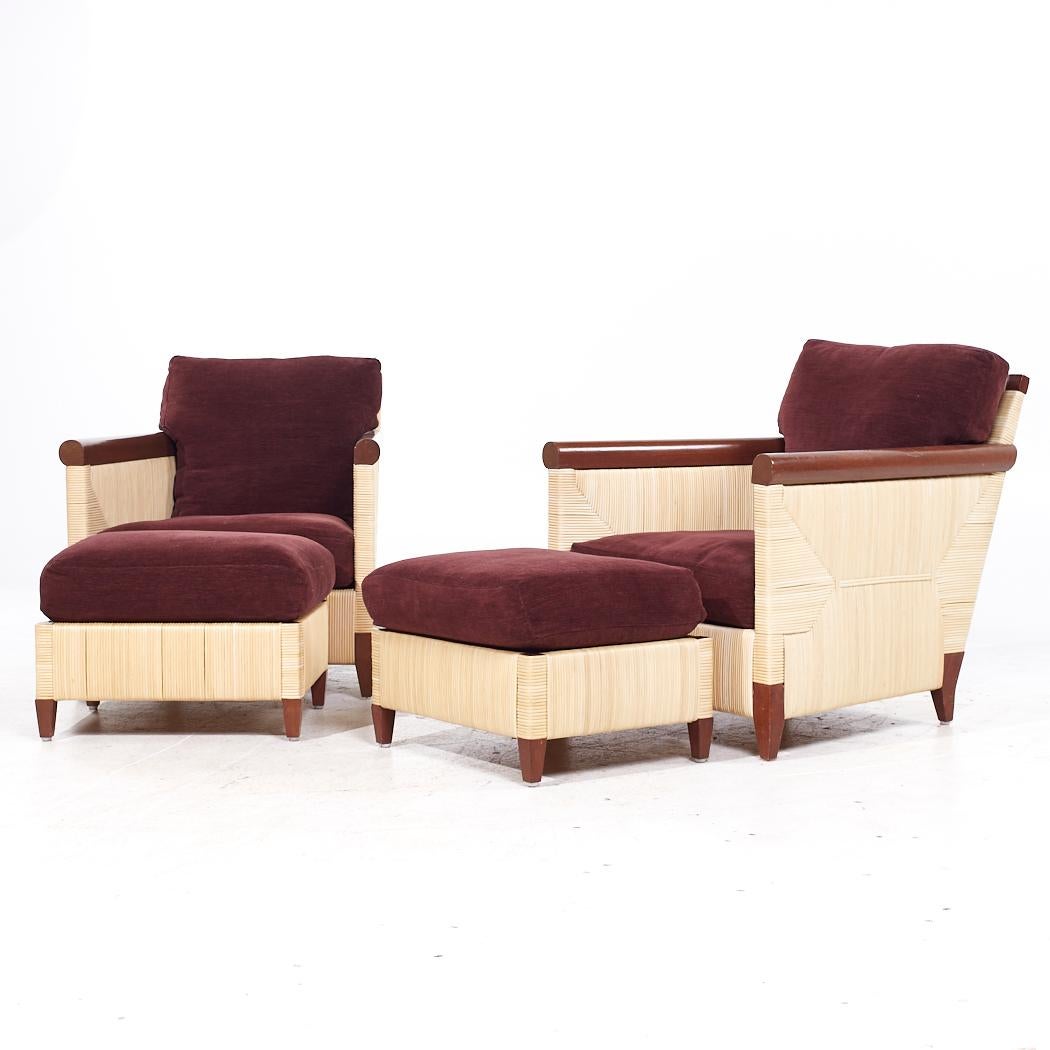 Mid-Century Modern John Hutton Donghia Merbau Collection Mahogany Rattan Club Chairs Ottoman - Pair For Sale
