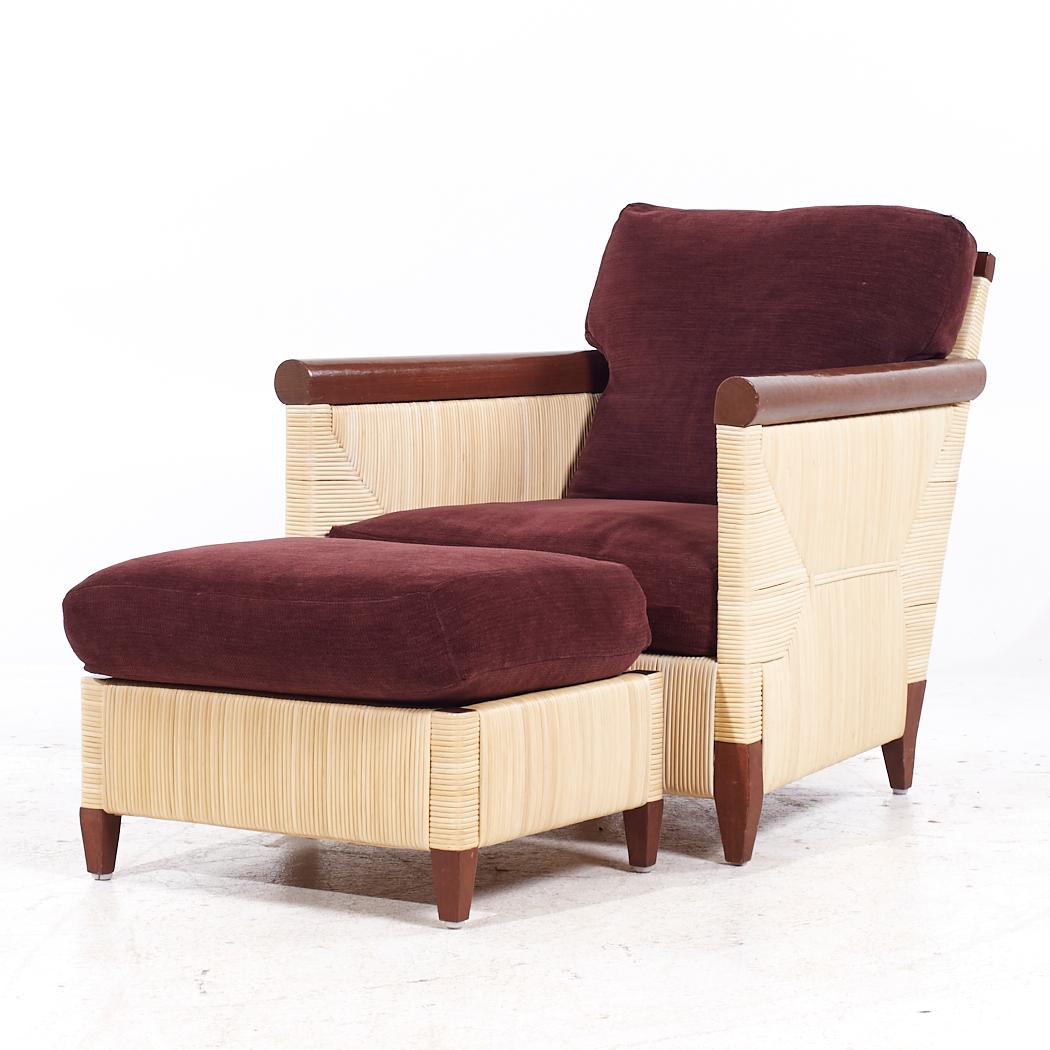 Contemporary John Hutton Donghia Merbau Collection Mahogany Rattan Club Chairs Ottoman - Pair For Sale