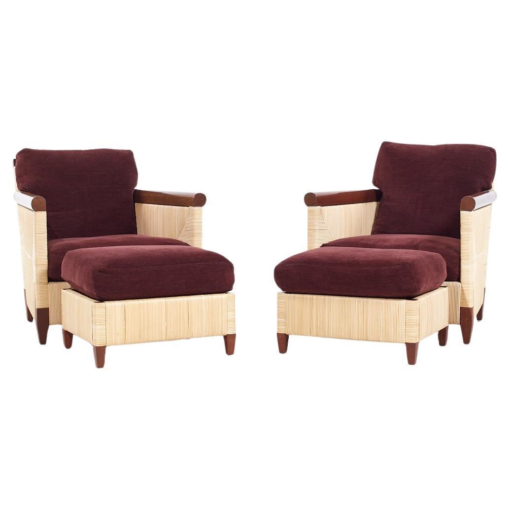 John Hutton Donghia Merbau Collection Mahogany Rattan Club Chairs Ottoman - Pair