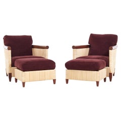 John Hutton Donghia Merbau Collection Mahogany Rattan Club Chairs Ottoman - Pair