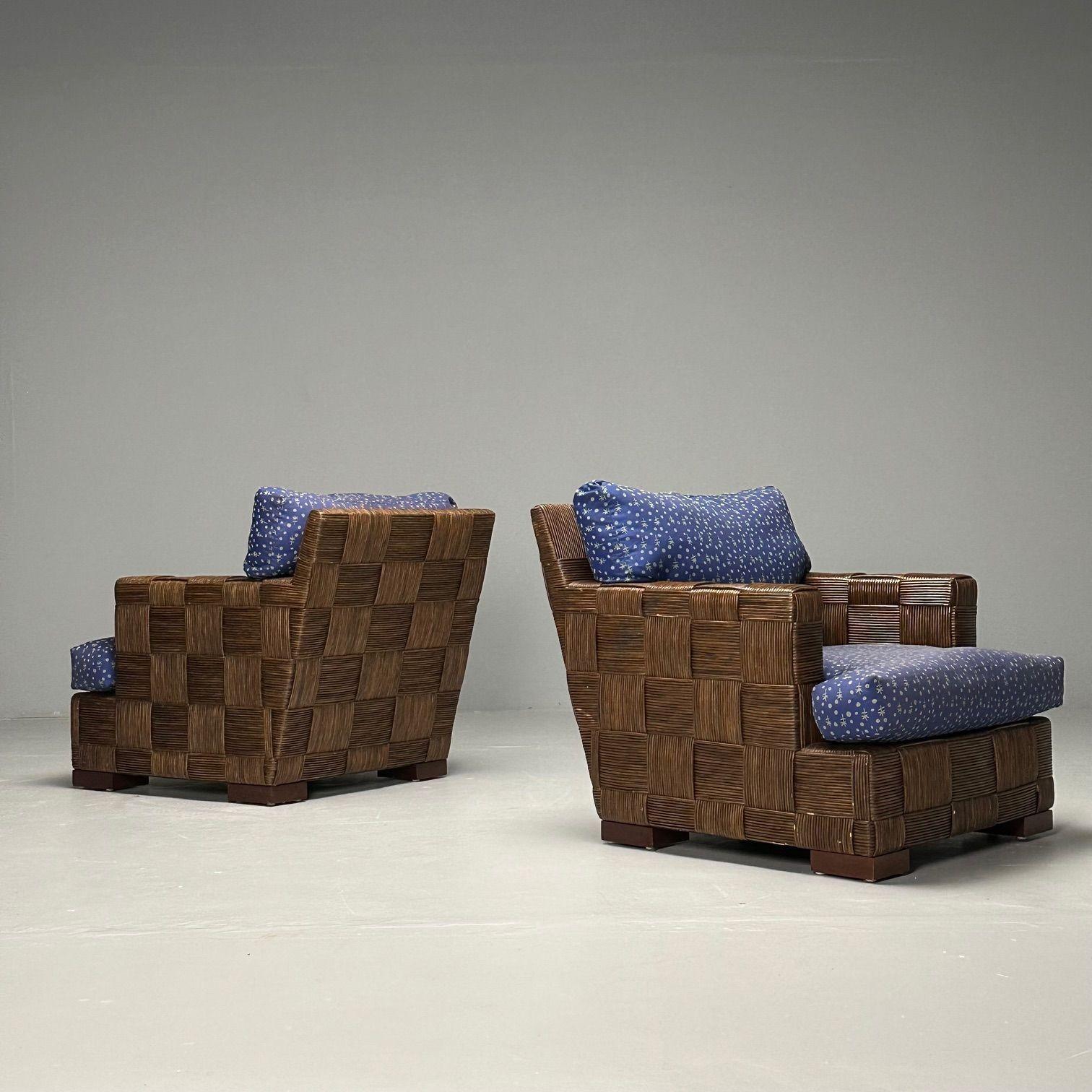 Mid-Century Modern John Hutton, Donghia, chaises longues surdimensionnées, canne tissée, acajou, États-Unis, années 1990 en vente