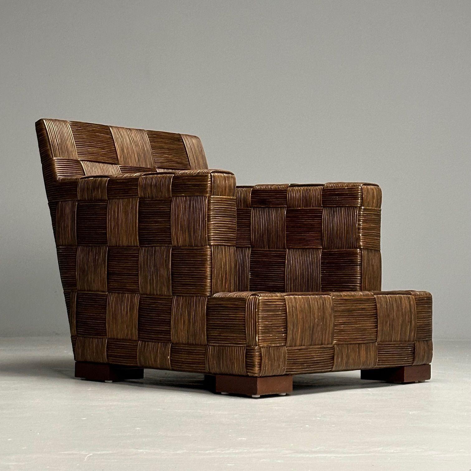 Tissu John Hutton, Donghia, chaises longues surdimensionnées, canne tissée, acajou, États-Unis, années 1990 en vente