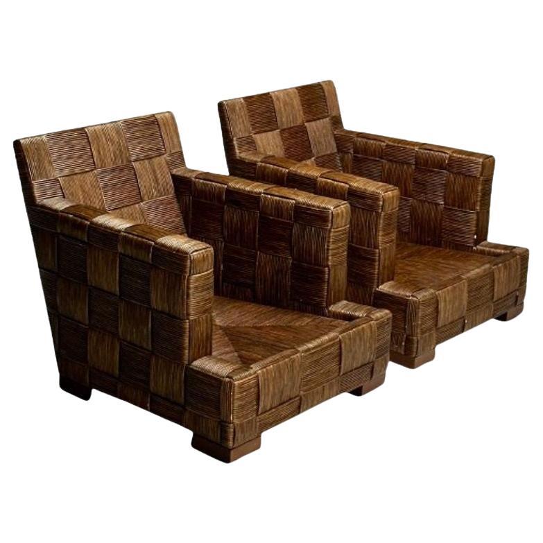 John Hutton, Donghia, Oversized Lounge Chairs, Woven Cane, Mahogany, USA, 1990s