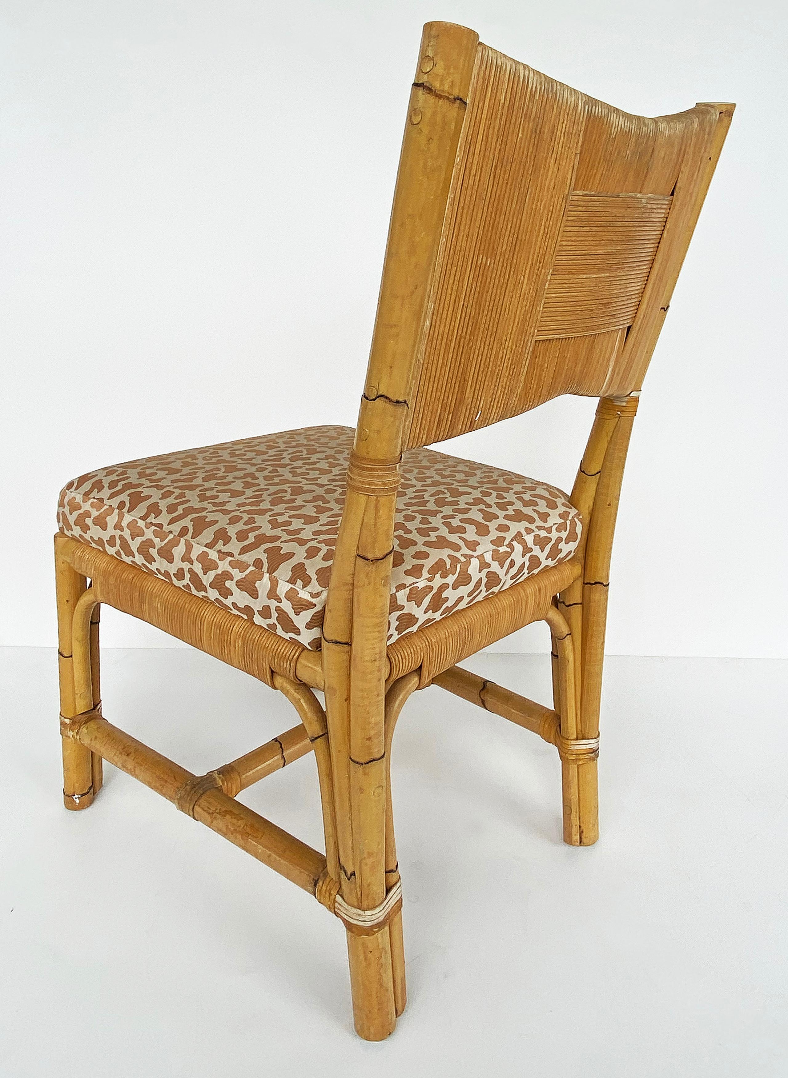 John Hutton Donghia Rattan Dining Chairs Set with Cowtan & Tout Fabric In Good Condition In Miami, FL
