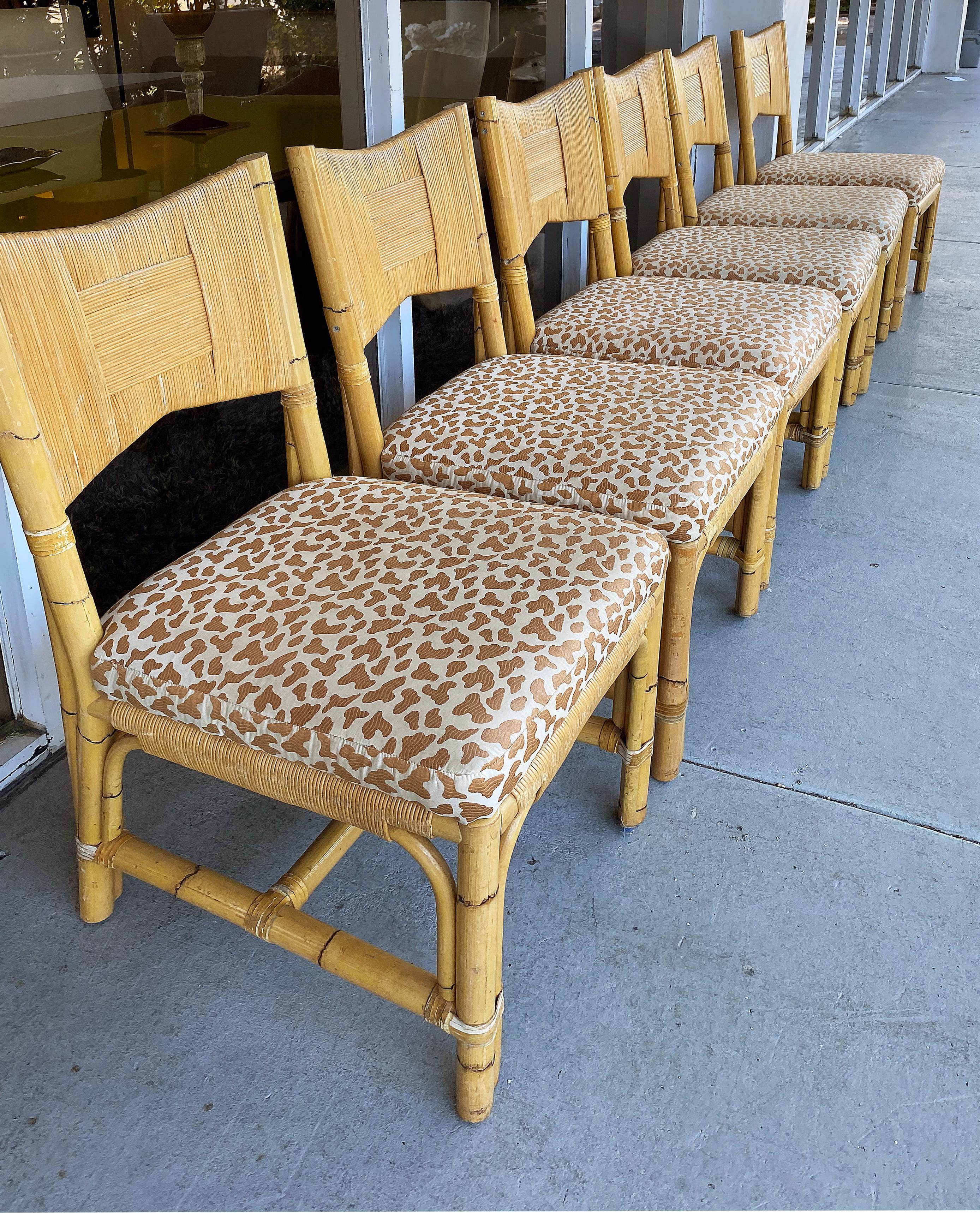 John Hutton Donghia Rattan Dining Chairs Set with Cowtan & Tout Fabric 1