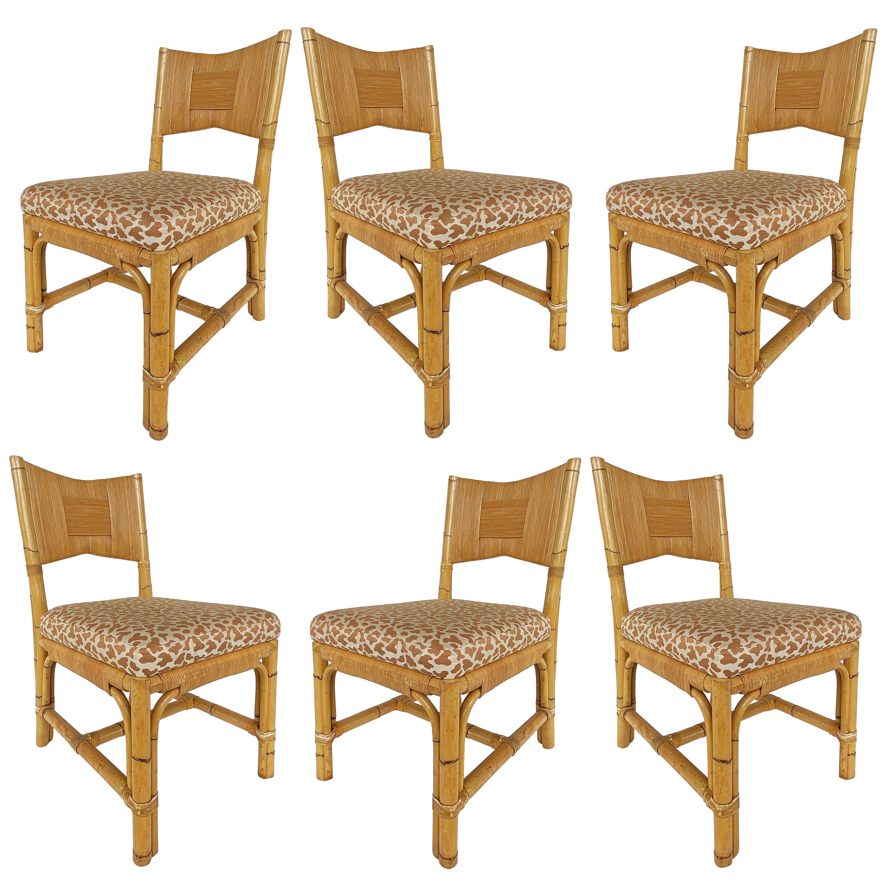 John Hutton Donghia Rattan Dining Chairs Set with Cowtan & Tout Fabric