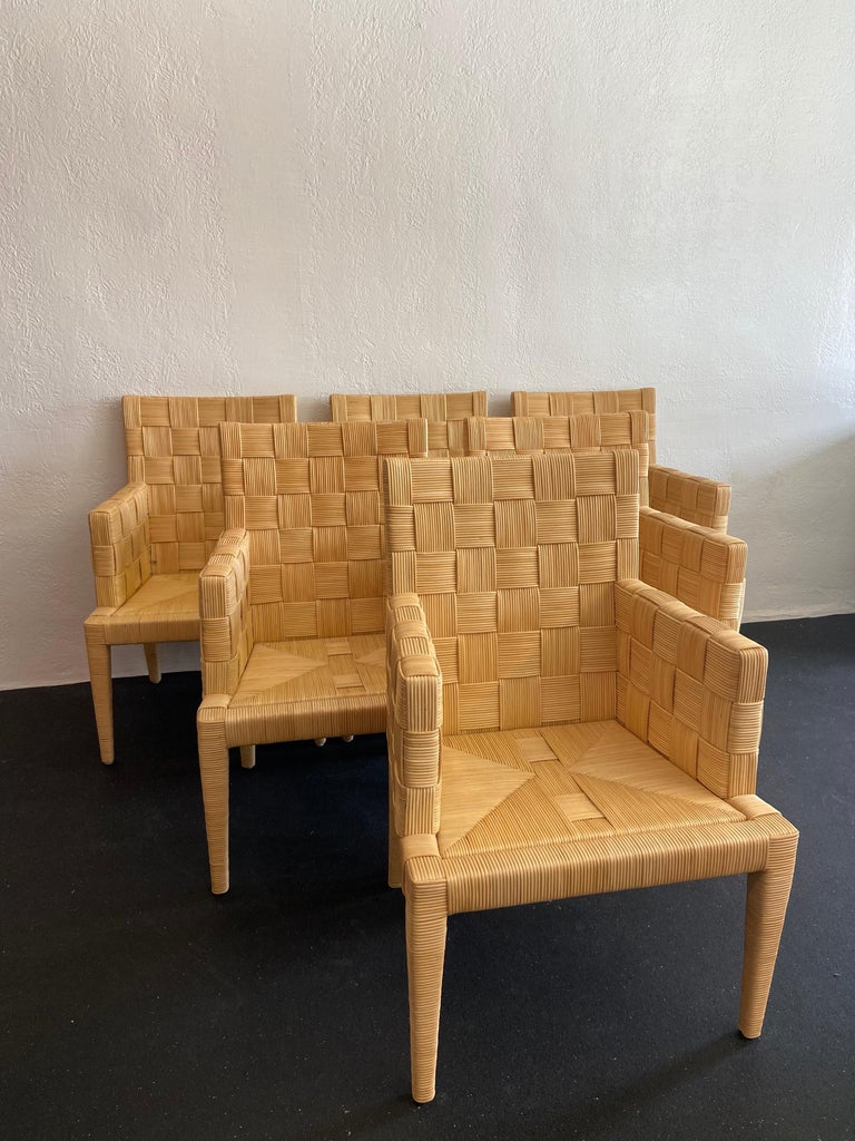 Set of 6 block island armchairs by John Hutton for Donghia. Found in original natural blonde finish and upholstery. Some minor wear to finish and upholstery (please refer to photos). In overall great vintage condition. 

Would work well in a