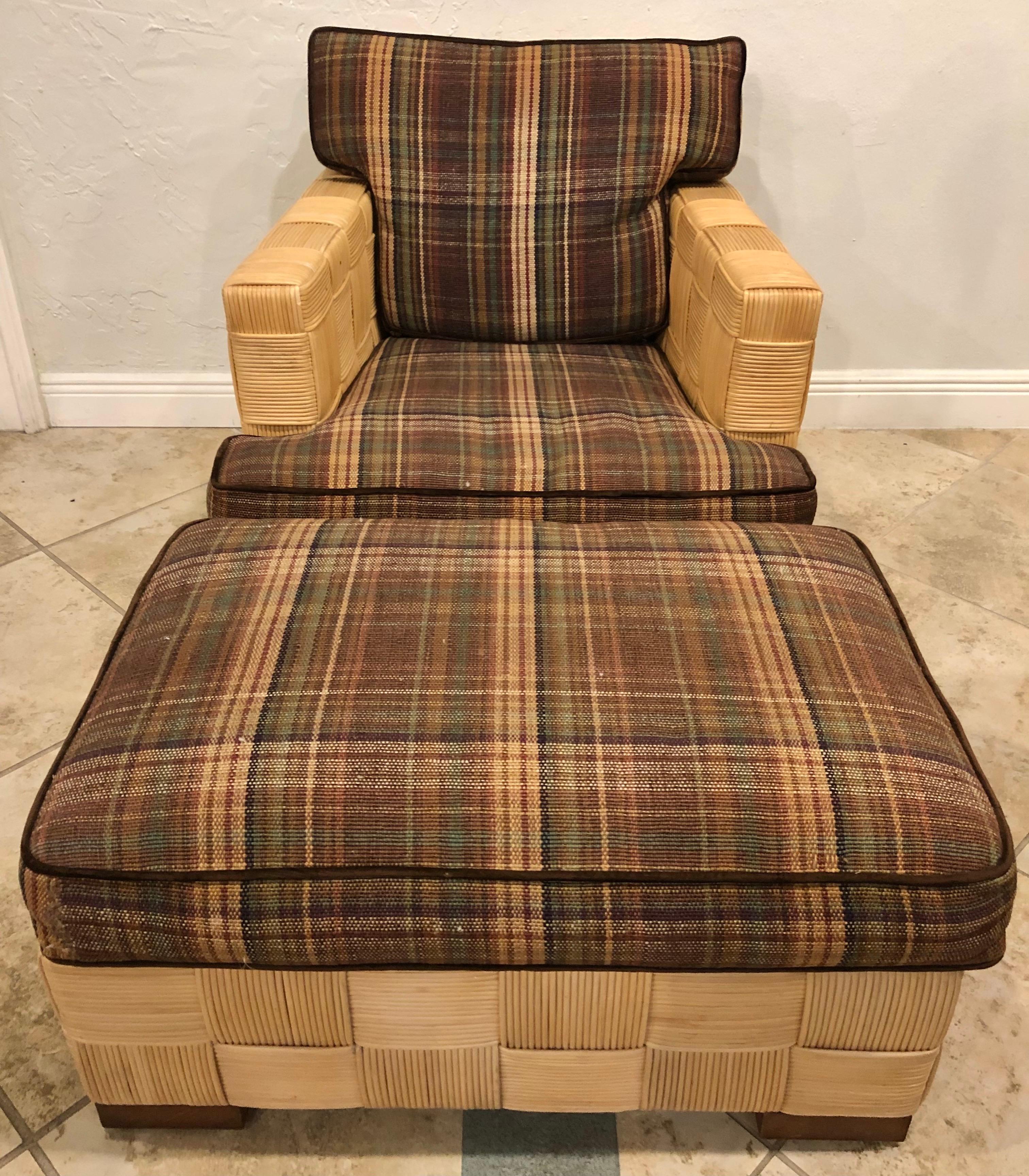 Donghia Block Island Collection lounge armchair and ottoman designed by John Hutton. Marked on bottom. Mahogany frame construction with stained mahogany accents. Very good condition. Two available.