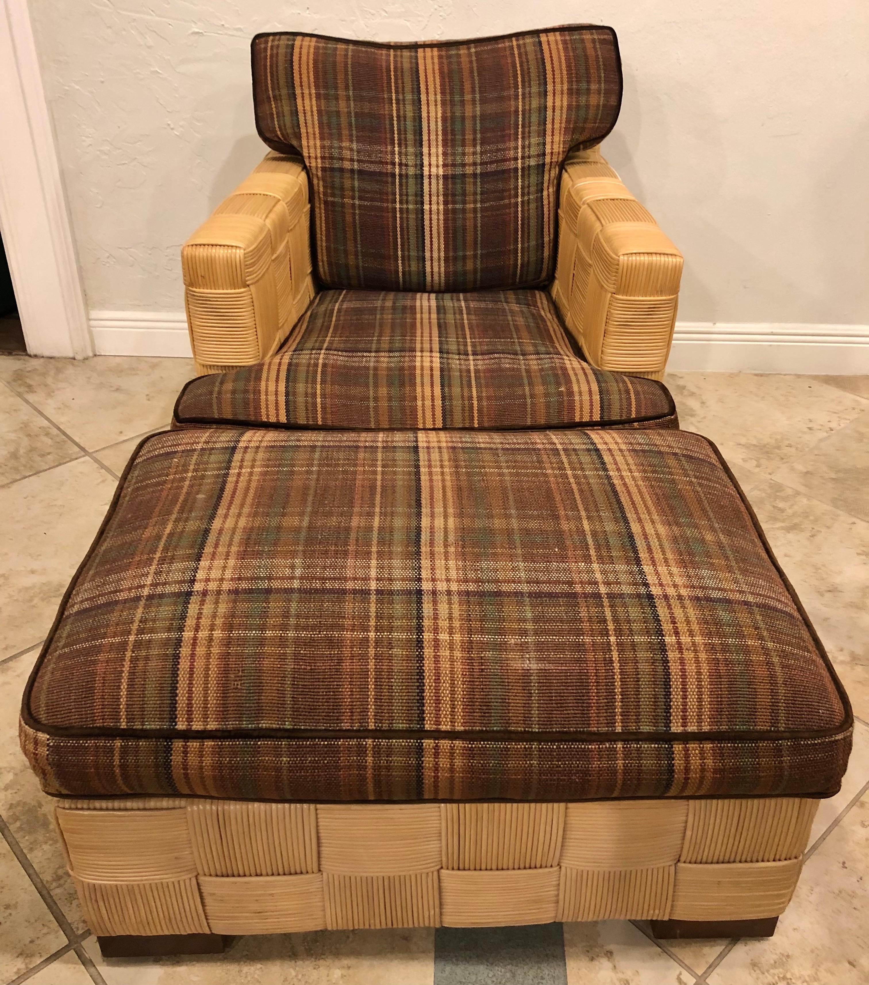 Donghia Block Island Collection armchair and ottoman designed by John Hutton. Marked on underside. Mahogany frame construction with stained mahogany accents. Very good condition. Two available.