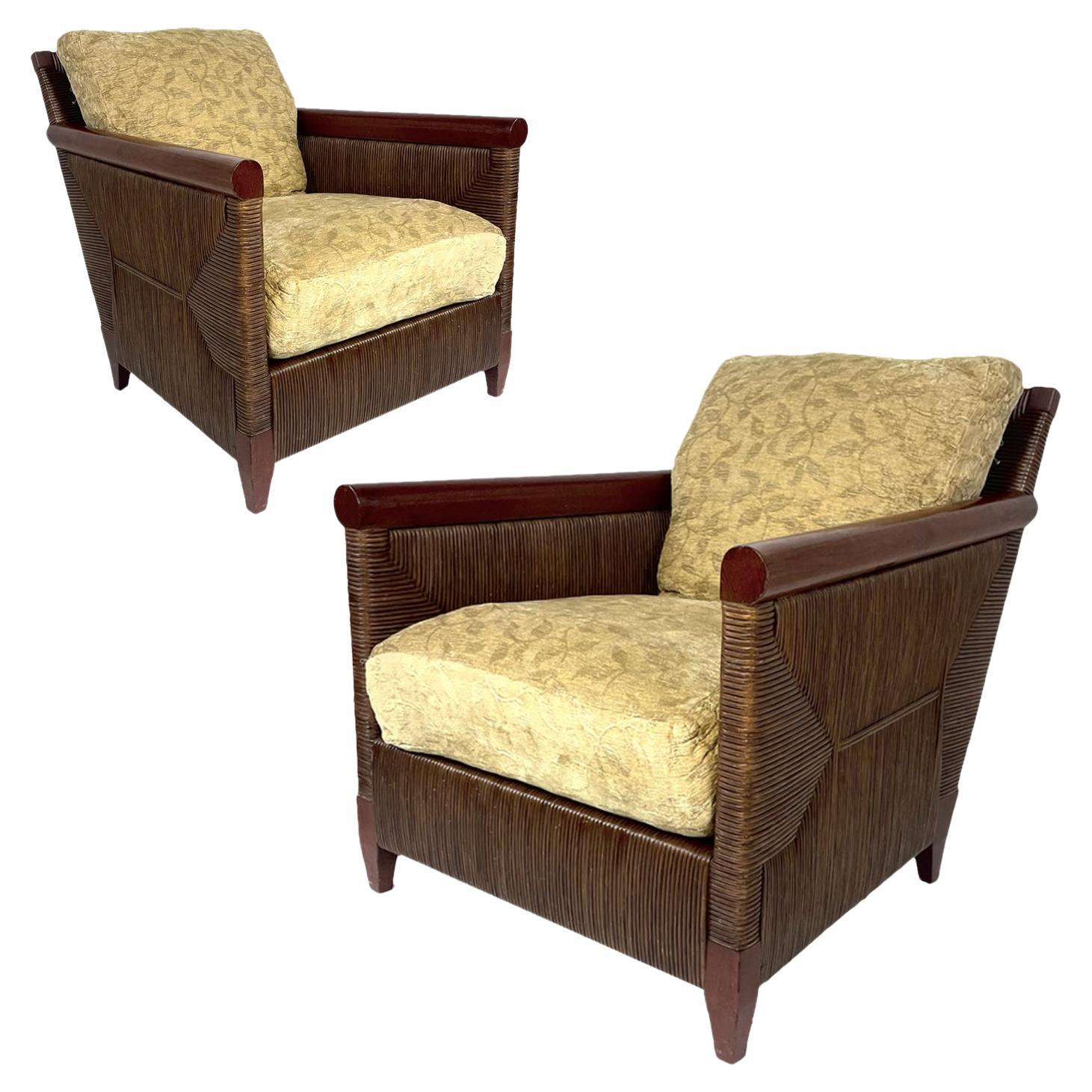 Absolutely stunning pair of vintage Coastal lounge chairs designed by John Hutton for Donghia. The chocolate colored version is very rare- only a few were produced. Chairs are imprinted on base with maker's mark. These chairs are absolutely stunning