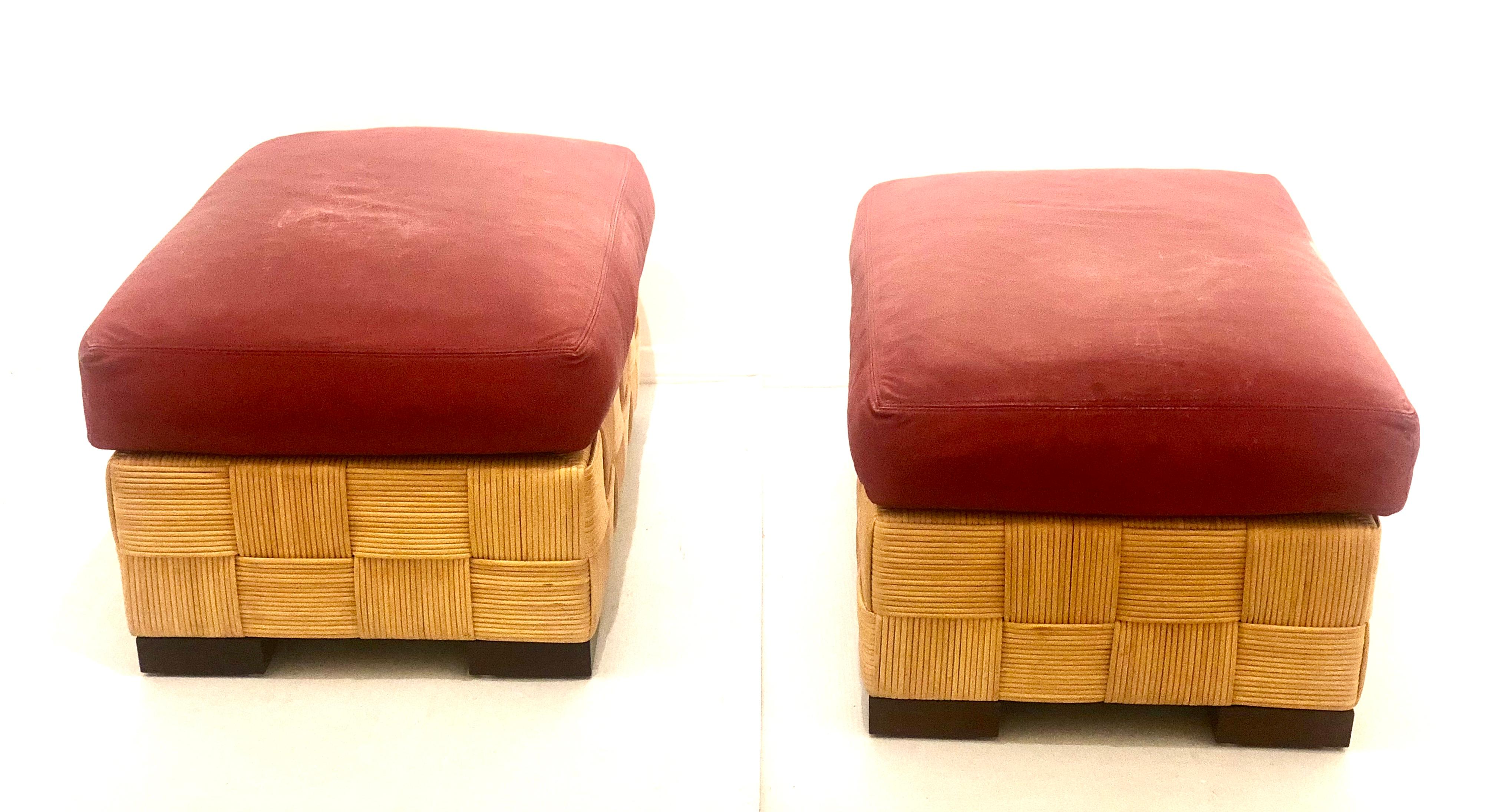 John Hutton for Donghia Pair of Wicker Ottomans in Red Leather 4