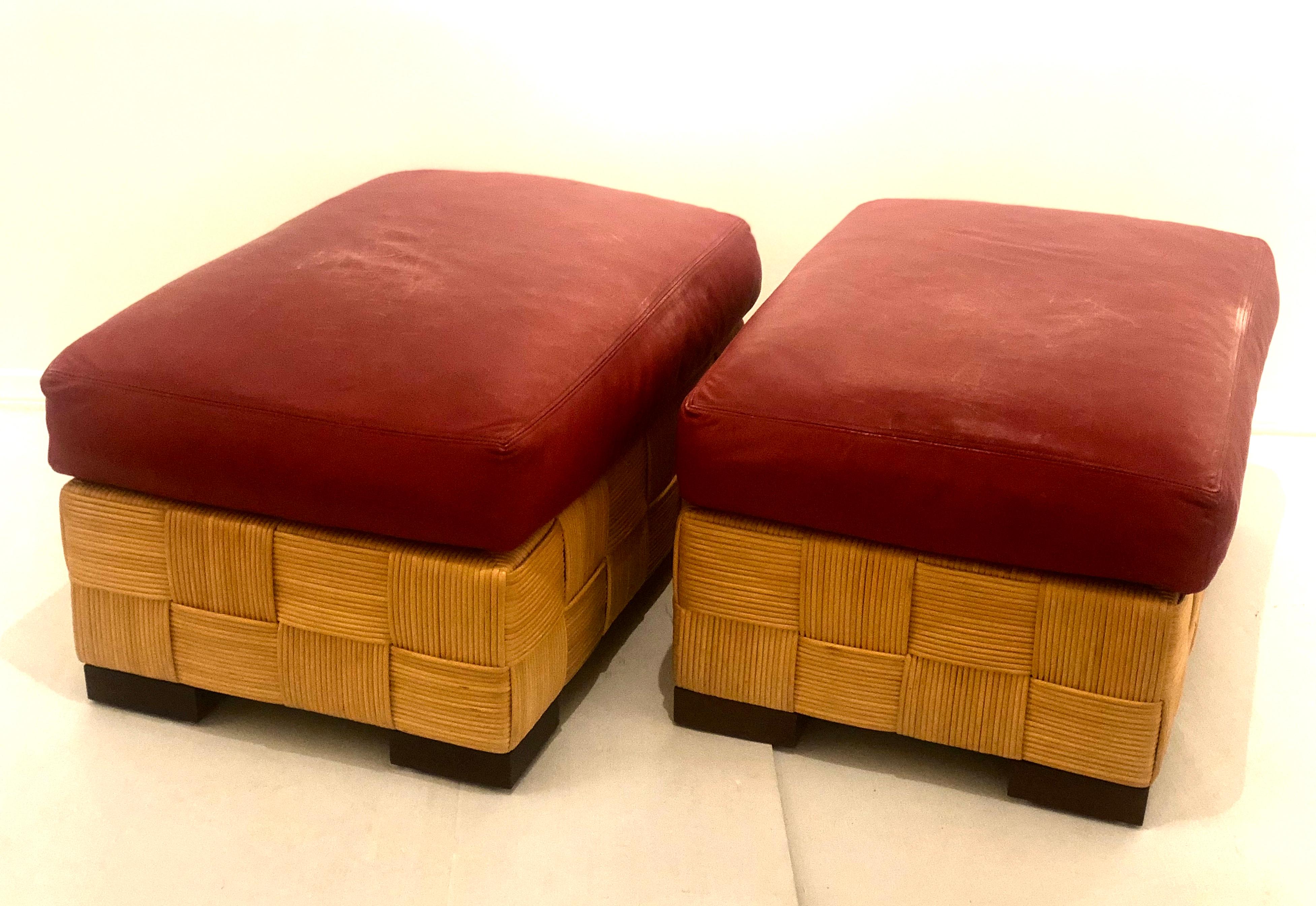 John Hutton for Donghia Pair of Wicker Ottomans in Red Leather 5