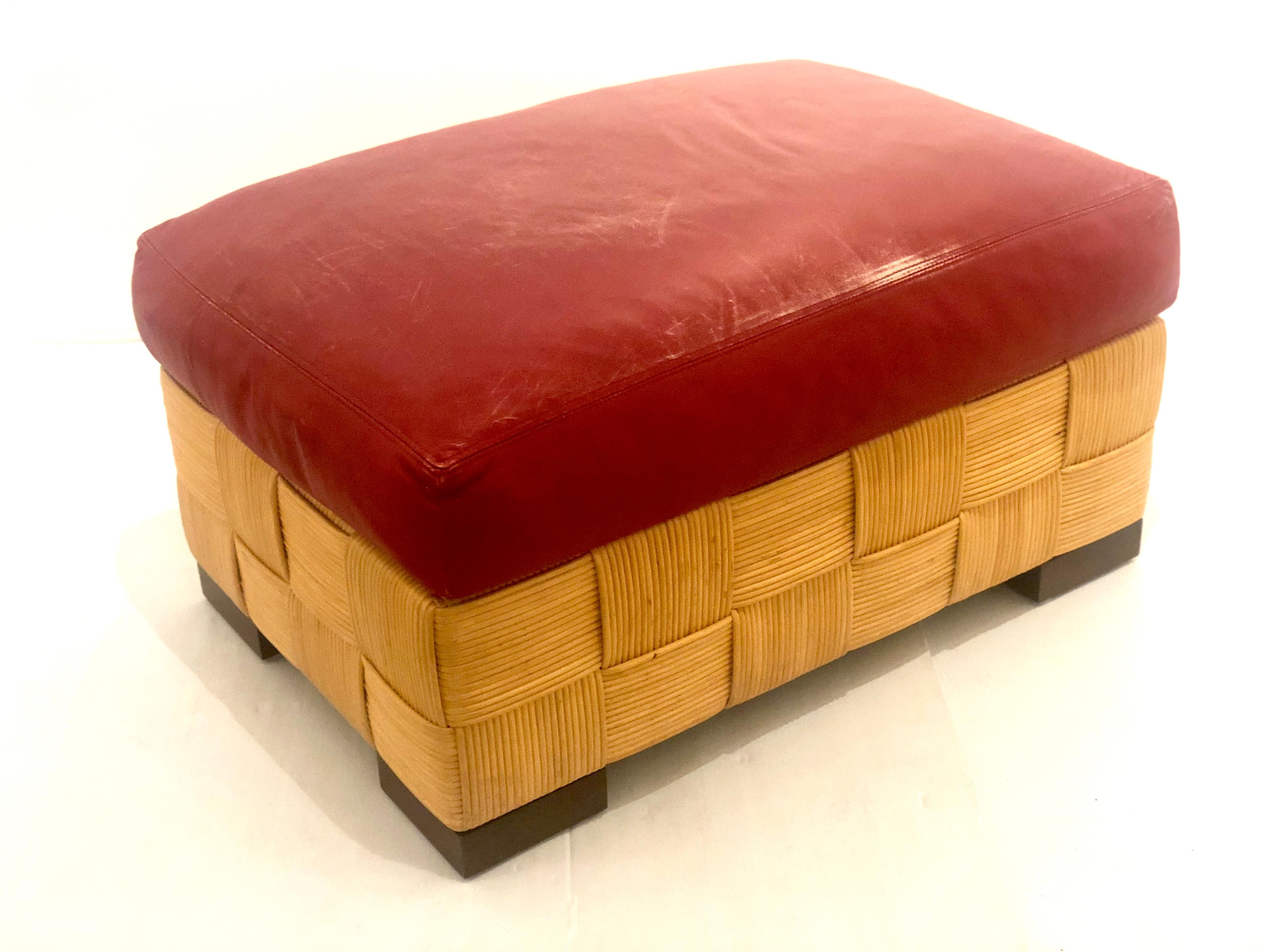 John Hutton for Donghia Pair of Wicker Ottomans in Red Leather In Good Condition In San Diego, CA