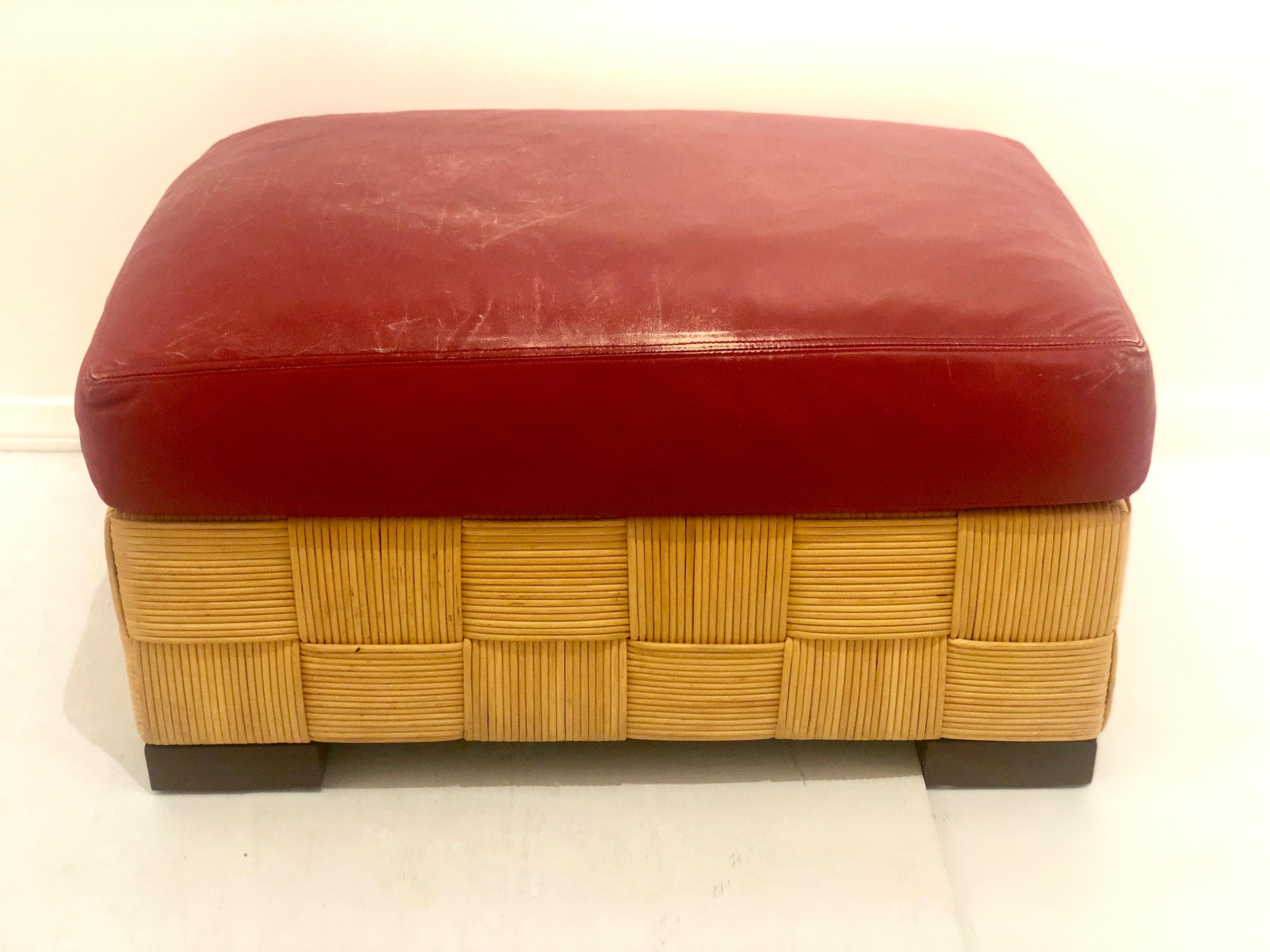 20th Century John Hutton for Donghia Pair of Wicker Ottomans in Red Leather