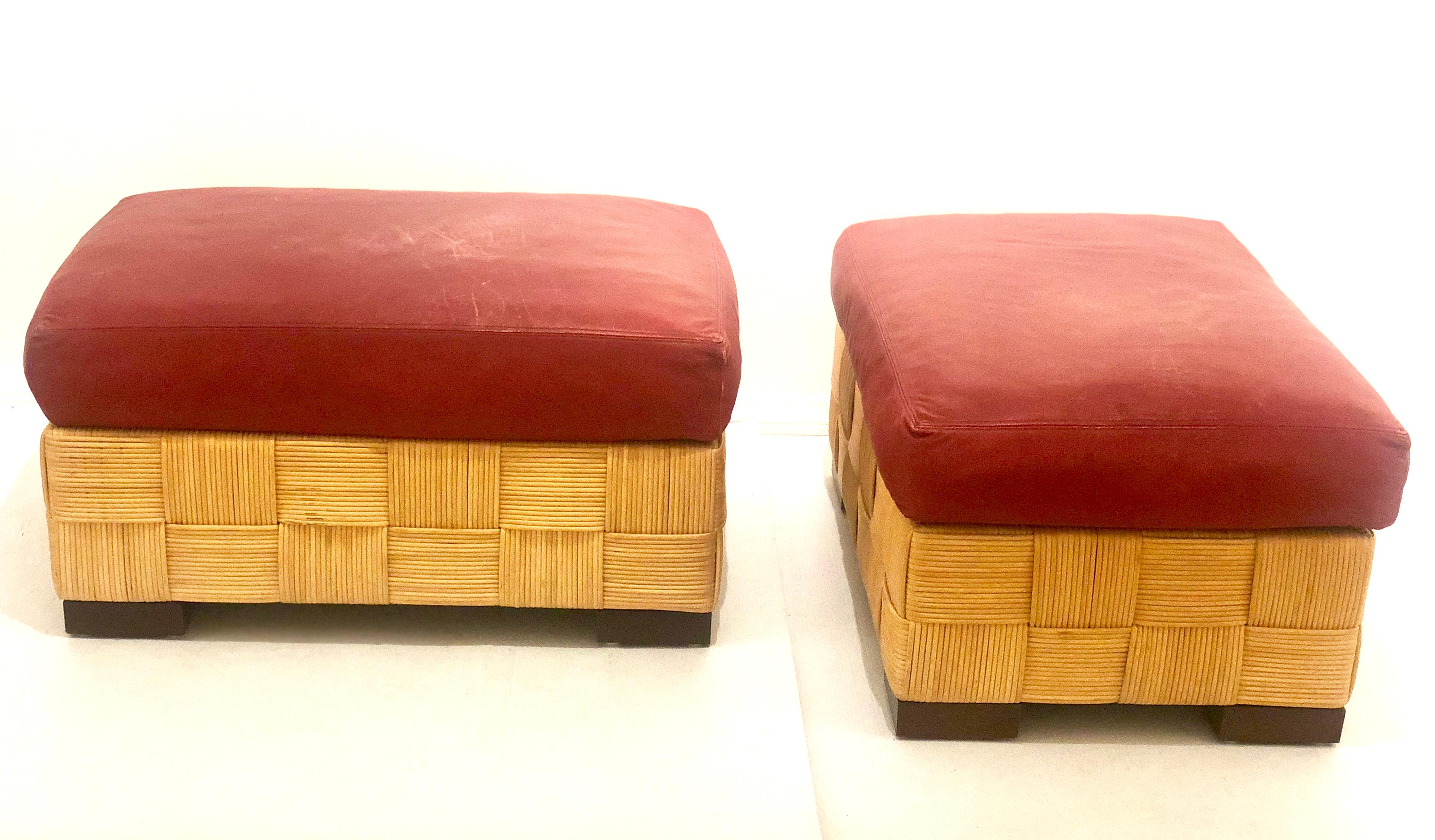 John Hutton for Donghia Pair of Wicker Ottomans in Red Leather 1