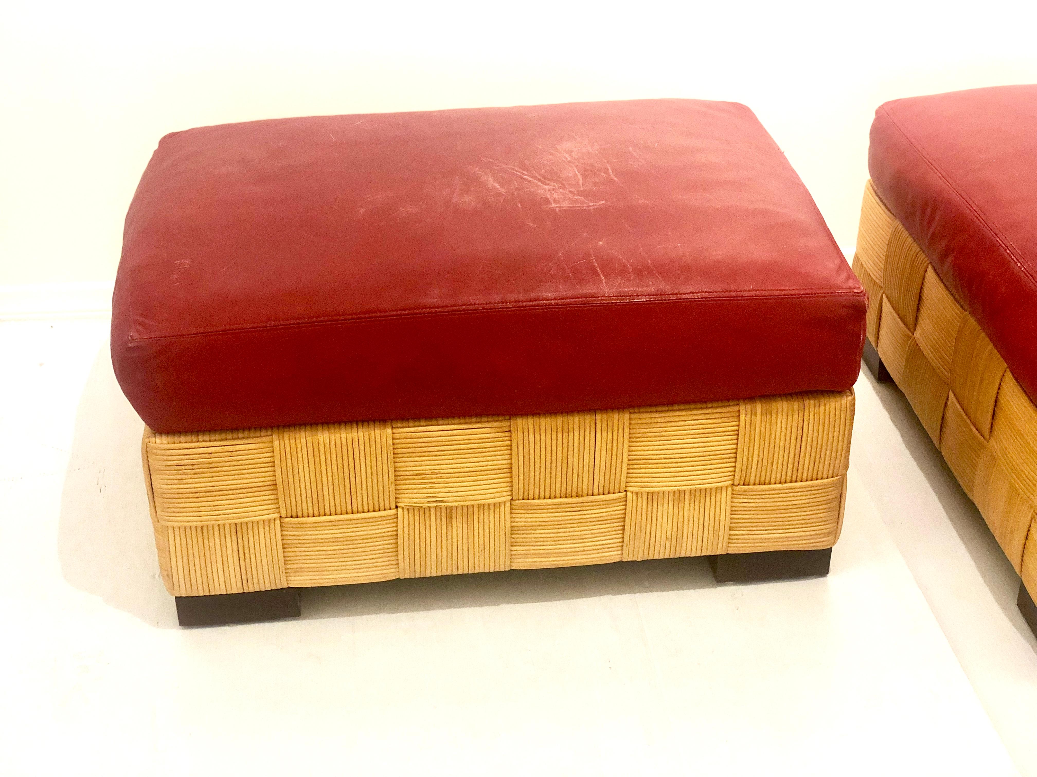 John Hutton for Donghia Pair of Wicker Ottomans in Red Leather 3