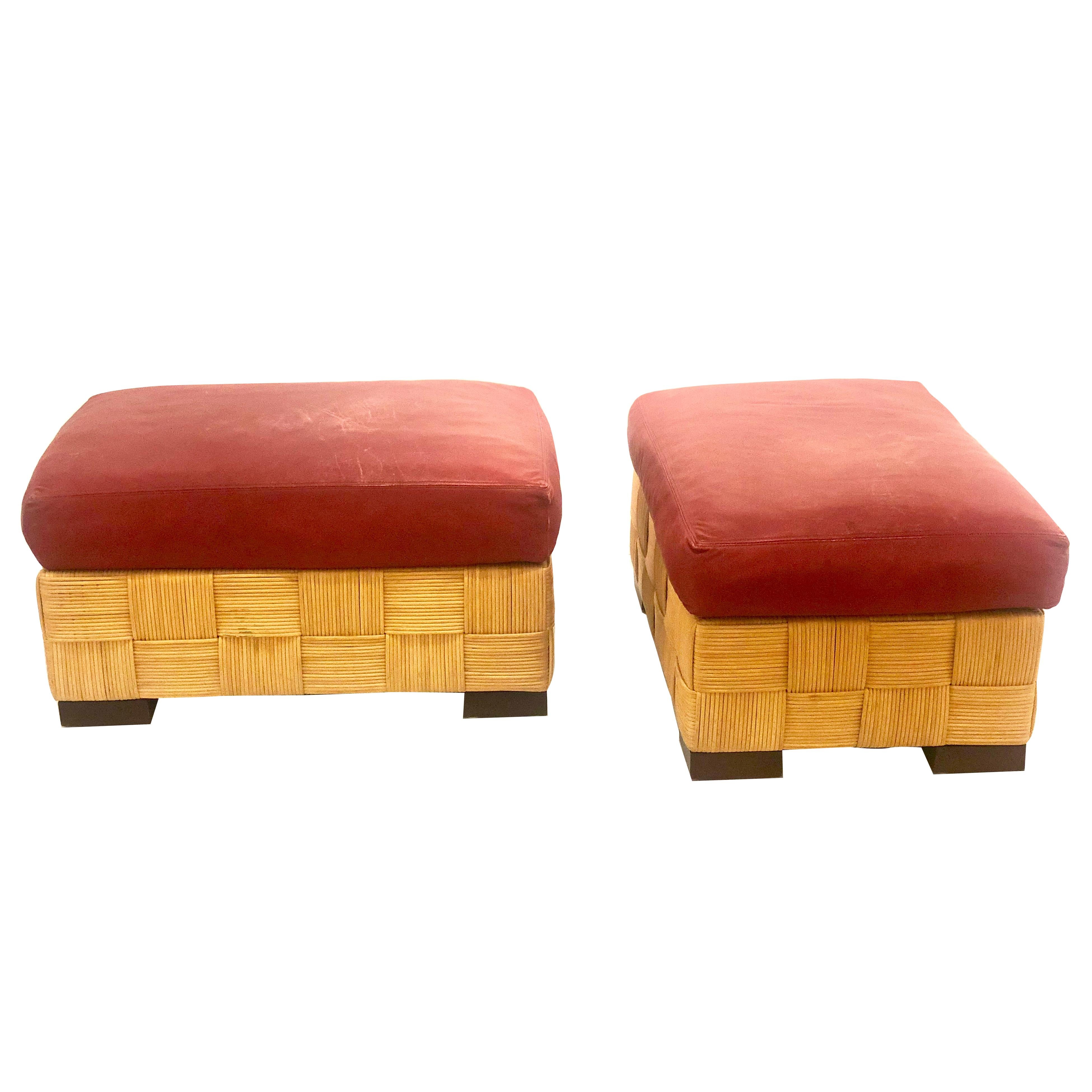 John Hutton for Donghia Pair of Wicker Ottomans in Red Leather