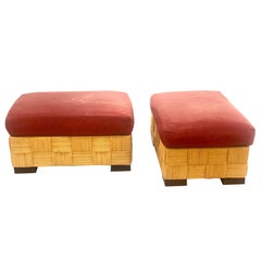 John Hutton for Donghia Pair of Wicker Ottomans in Red Leather