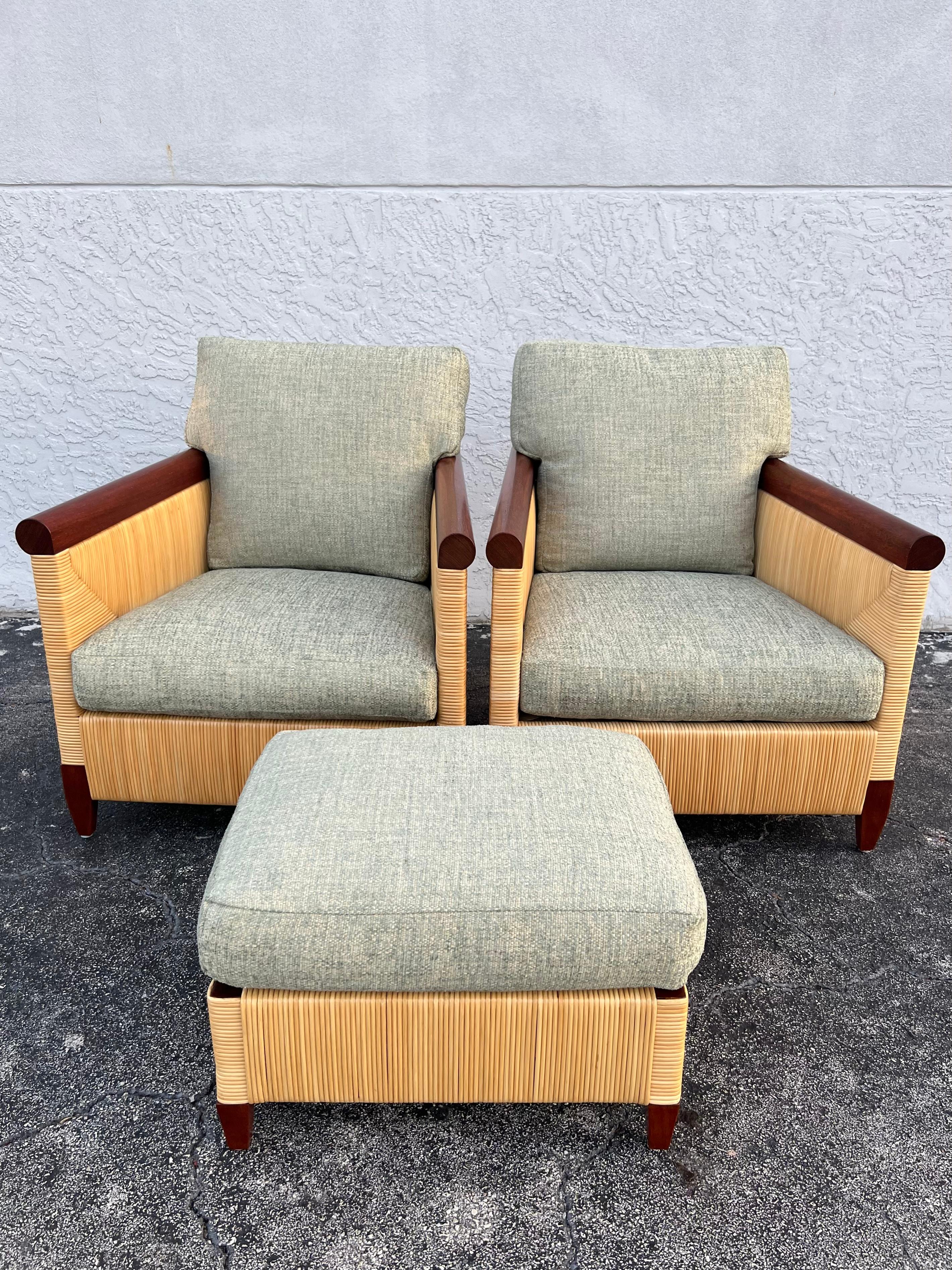 John Hutton for Donghia Rattan Lounge Chairs and Ottoman Set 4
