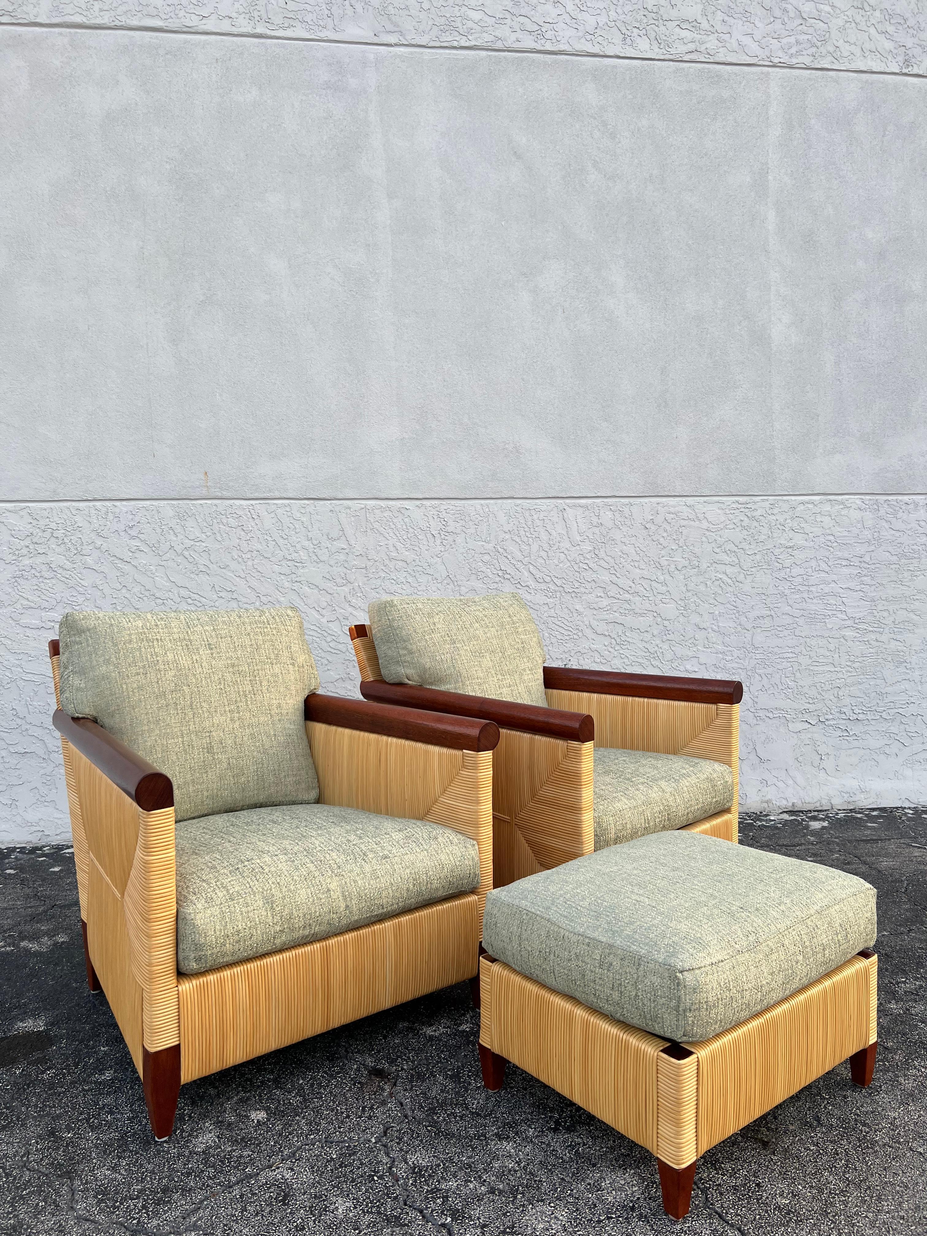 Mid-Century Modern John Hutton for Donghia Rattan Lounge Chairs and Ottoman Set