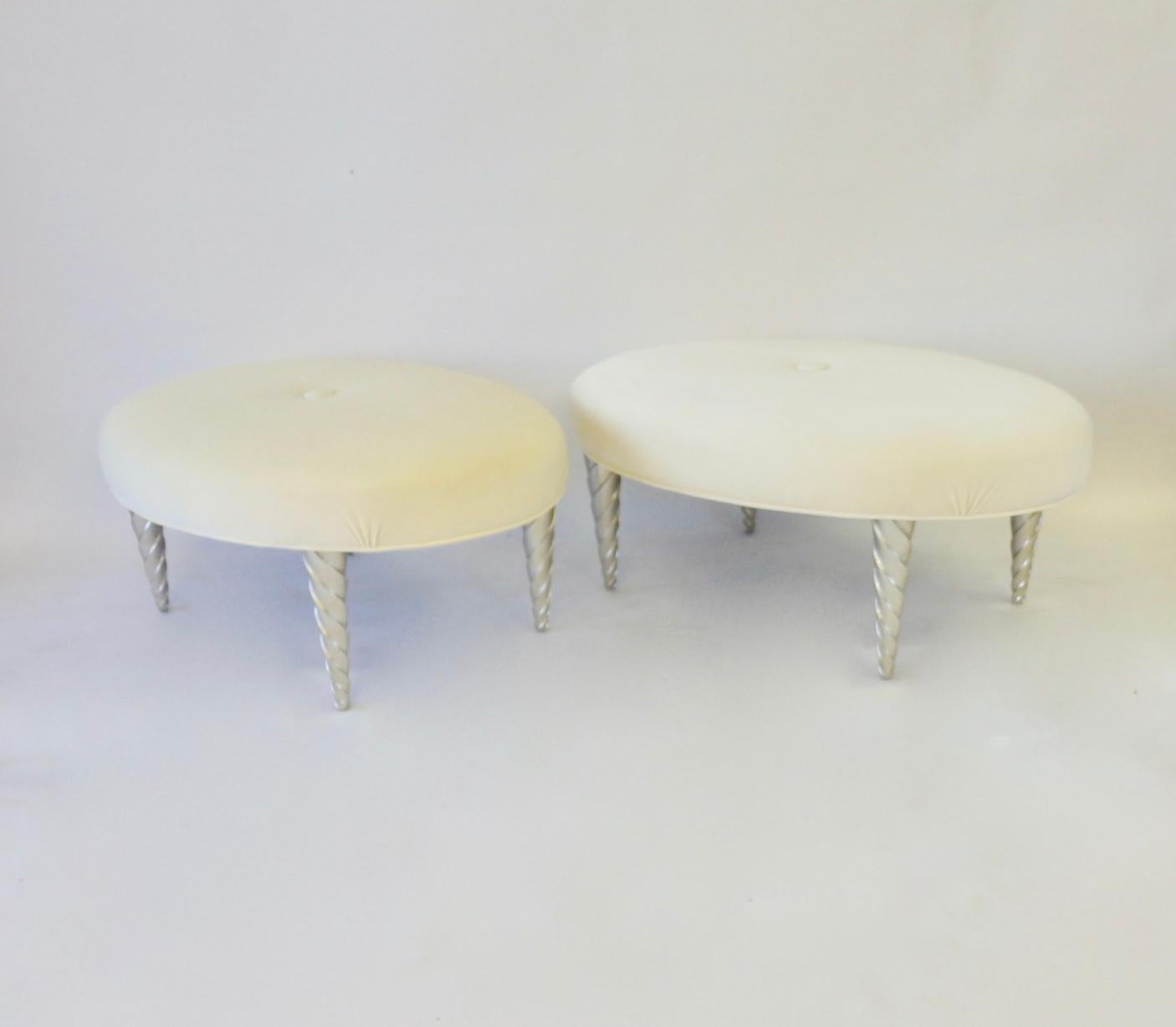 John Hutton for Donghia Ultra Suede Covered Ottomans with Silver Leaf Legs In Excellent Condition In Ferndale, MI