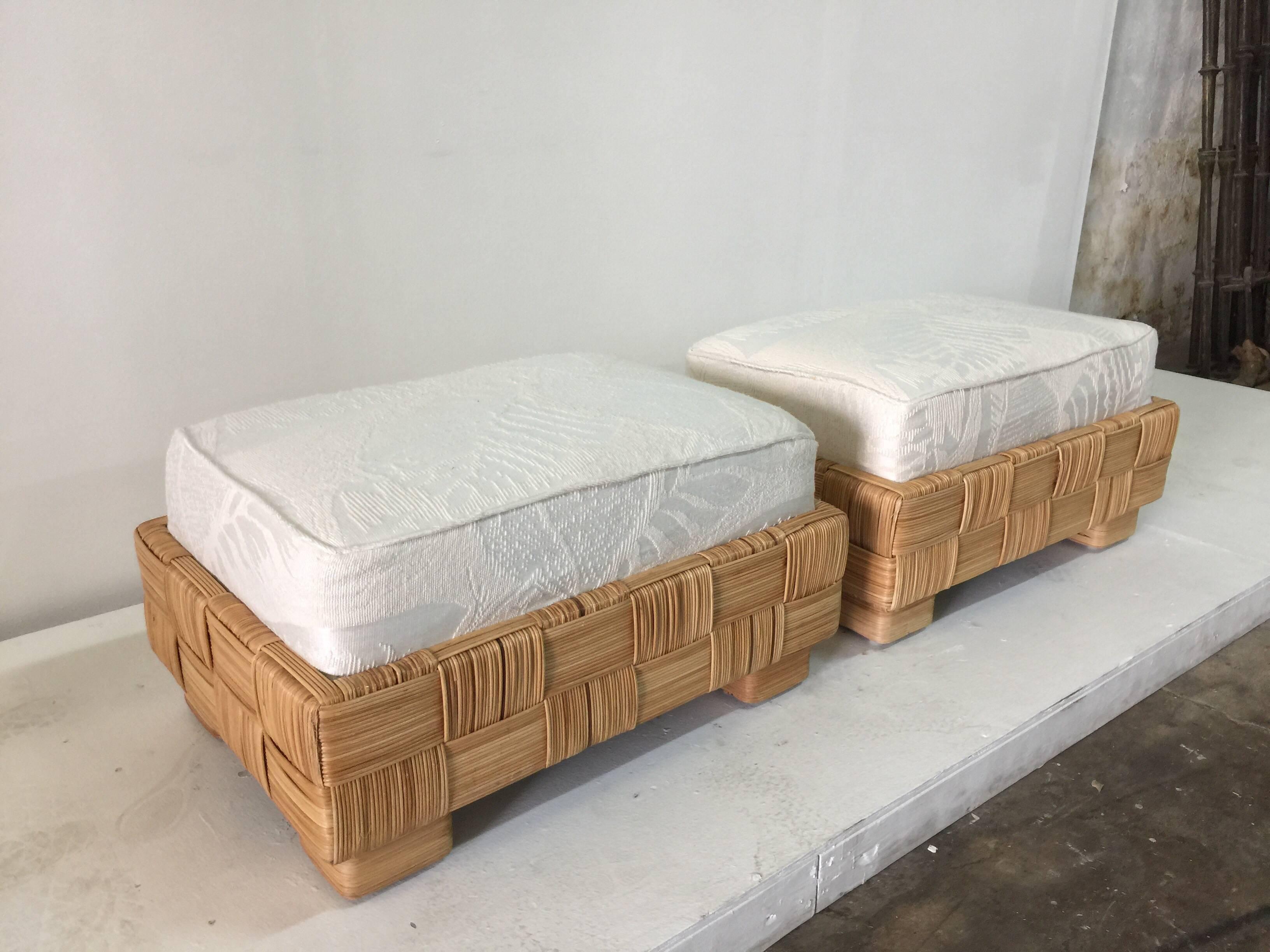 Wonderful designed, these Island inspired wicker ottomans by John Hutton, are heavy and well constructed. Large sofa and armchair also available (same set).