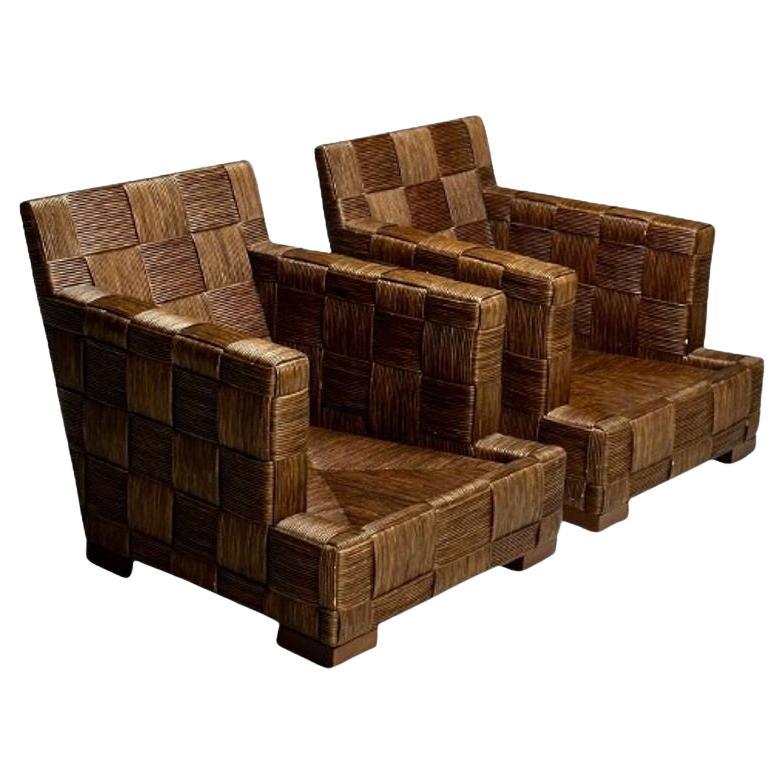 John Hutton, Woven Cane, Mahogany, Oversized Lounge Chairs, USA, 1990s