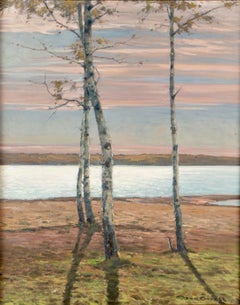 Summer Landscape by the Sea and Lone Birch Trees at Sunset, Signed Oil on Canvas