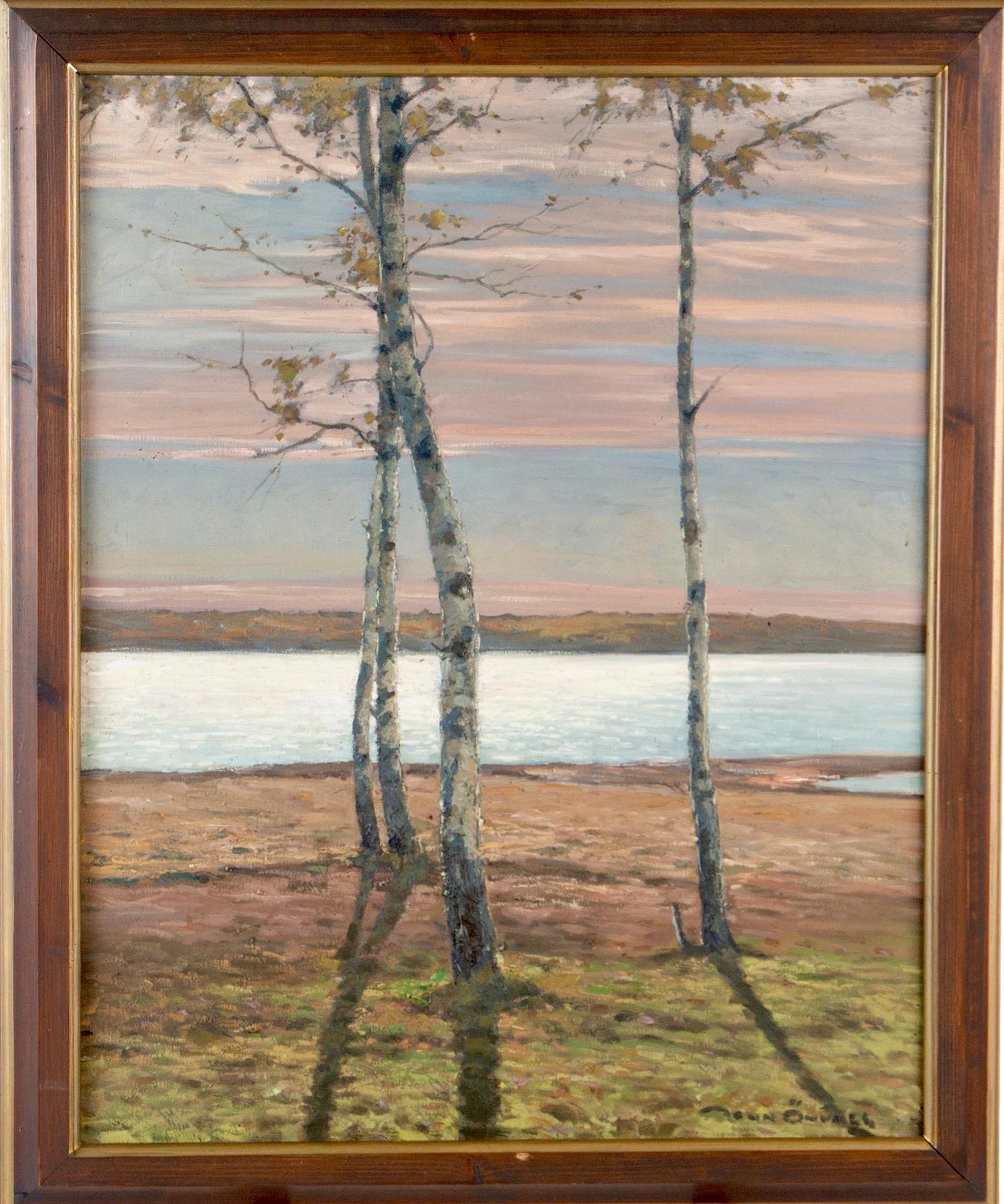 A Scandinavian summer evening landscape with open fields and a birch tree grove. Behind the fields and trees in the distant, a calm sea opens up. Signed John Öhwall (1883-1957). Oil on canvas. The only present trees, four slender birch trunks