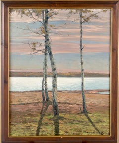 Summer Landscape by the Sea and Lone Birch Trees at Sunset, Signed Oil on Canvas