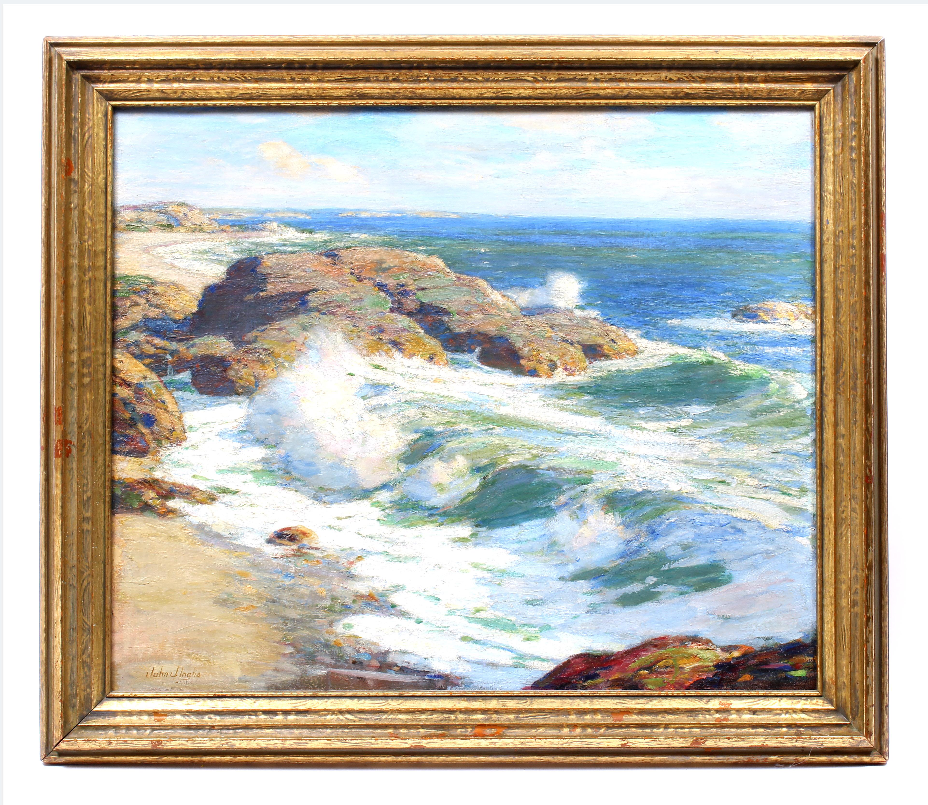 John Inglis Landscape Painting - Antique American Impressionist Irish Oil Painting Coastal Ocean Original Gold