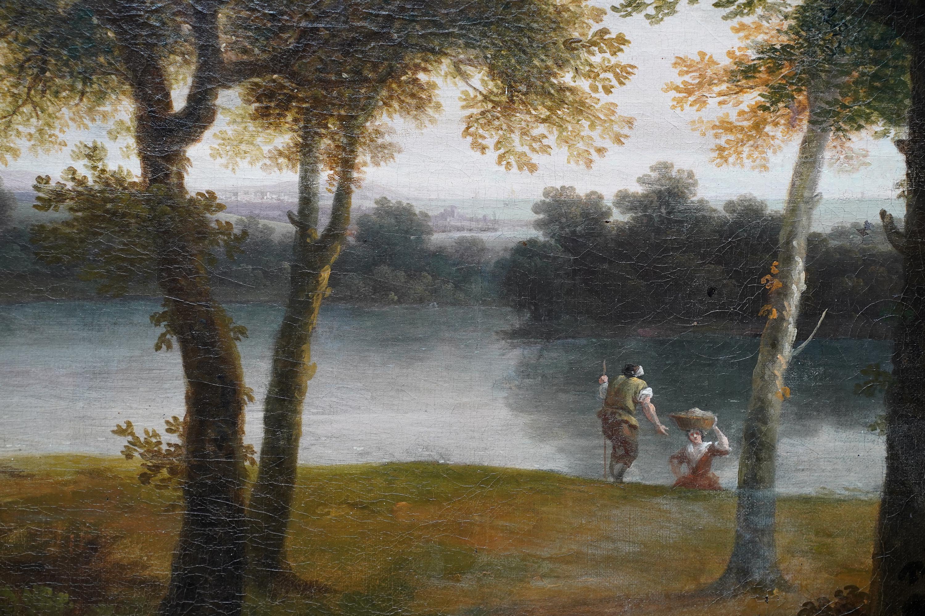 This superb large British Old Master oil painting is attributed to John Inigo Richards. Painted circa 1770 the composition is a view from before the water's edge across a lake to castle ruins. The ruins are overgrown with foliage and on high rocks